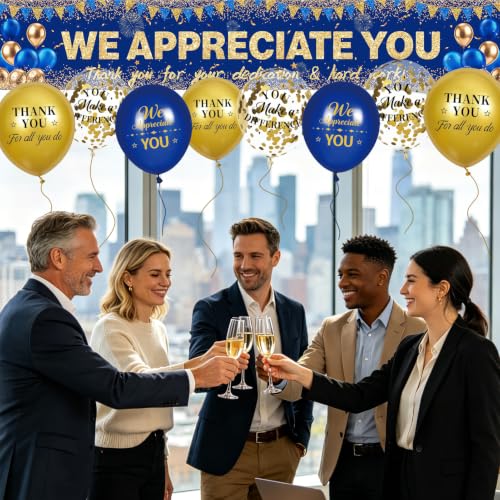 Navy Blue Gold We Appreciate You Banner Decorations with 18 pcs Balloons