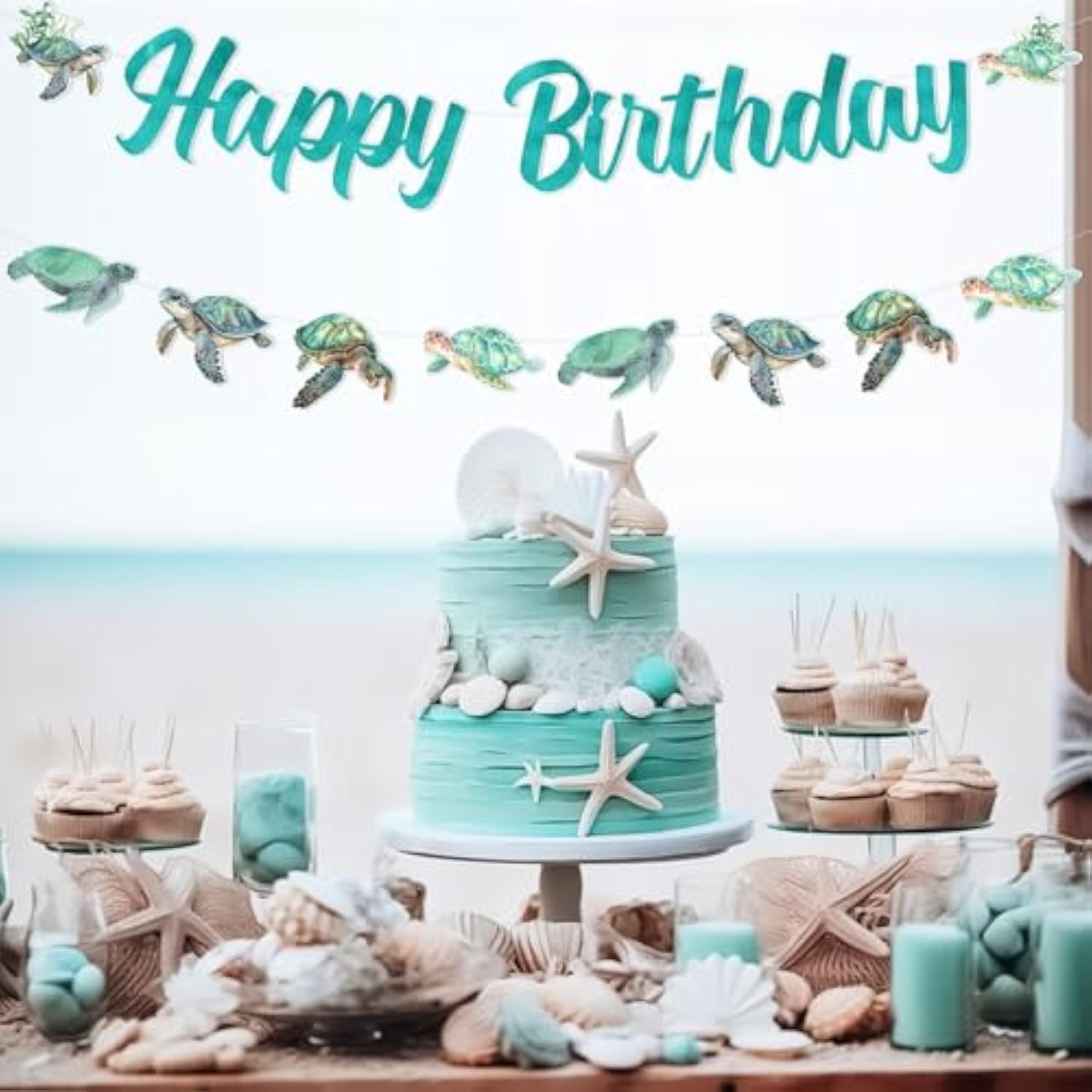 Turtle Birthday Decorations Banner, Sea Turtle Happy Birthday Banner Ocean Animal Turtle Garland For Boy Girl Under The Sea Ocean Theme Bday Party