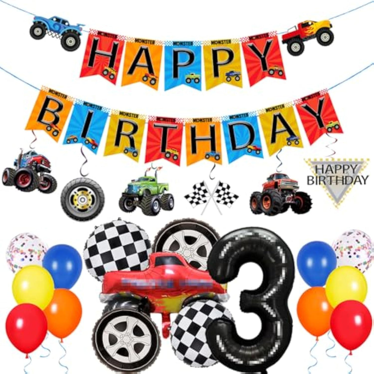 Monster Truck 3Rd Birthday Party Decorations Set - 40 Pcs Banner, Hanging Swirls, Foil & Latex Balloons For 3Rd Birthday Race Car Theme Party Supplies