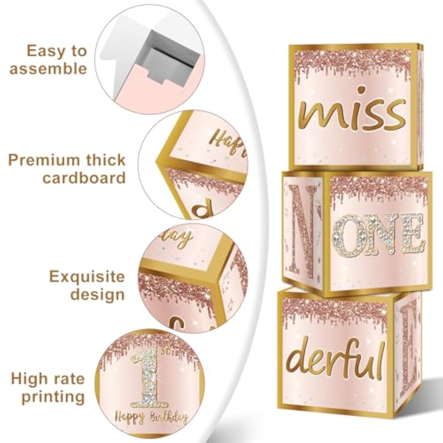 3Pcs 1St Birthday Boxes & Decor - Pink Rose Gold Miss Onederful Balloons, One Year Old Girl Birthday Theme Cardboard Box Decor