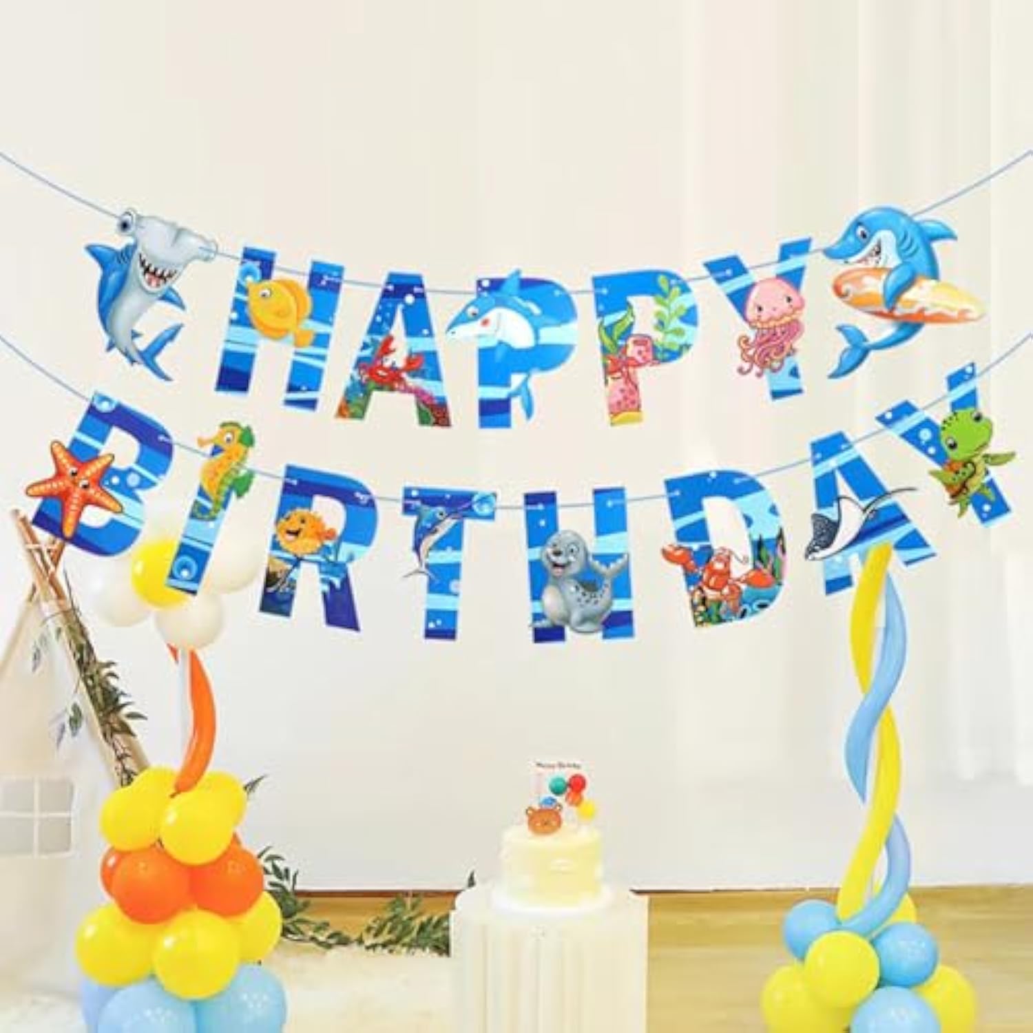 Shark Marine Theme Happy Birthday Banner - Boy'S Birthday Party Banner Decoration - Blue (Shark Marine)