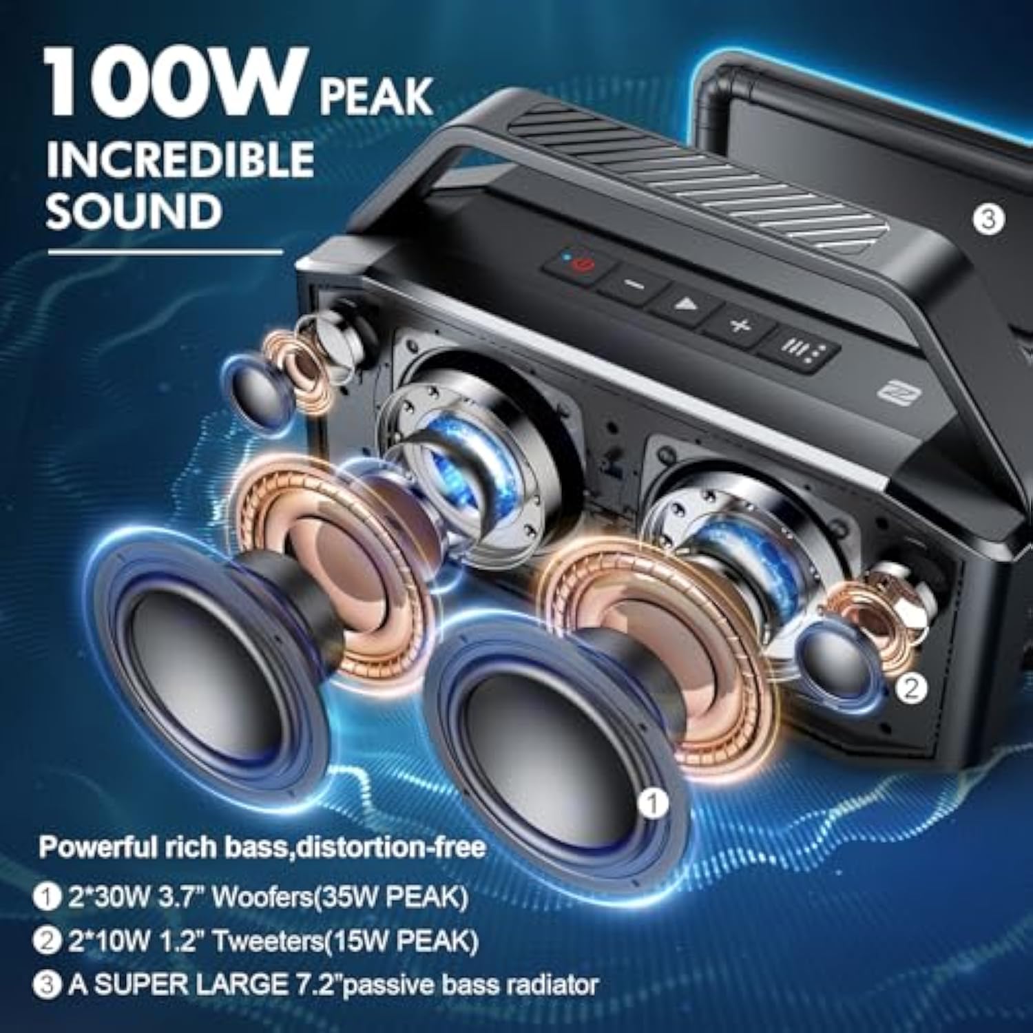 Portable Speakers Bluetooth Wireless Loud, 100W Max Waterproof Outdoor Bluetooth Speaker Big Party Large Boombox Subwoofer*2, 60W Exlarge All-Round Bass Passive Radiator/40H/Powerbank/Tf/Aux/Eq