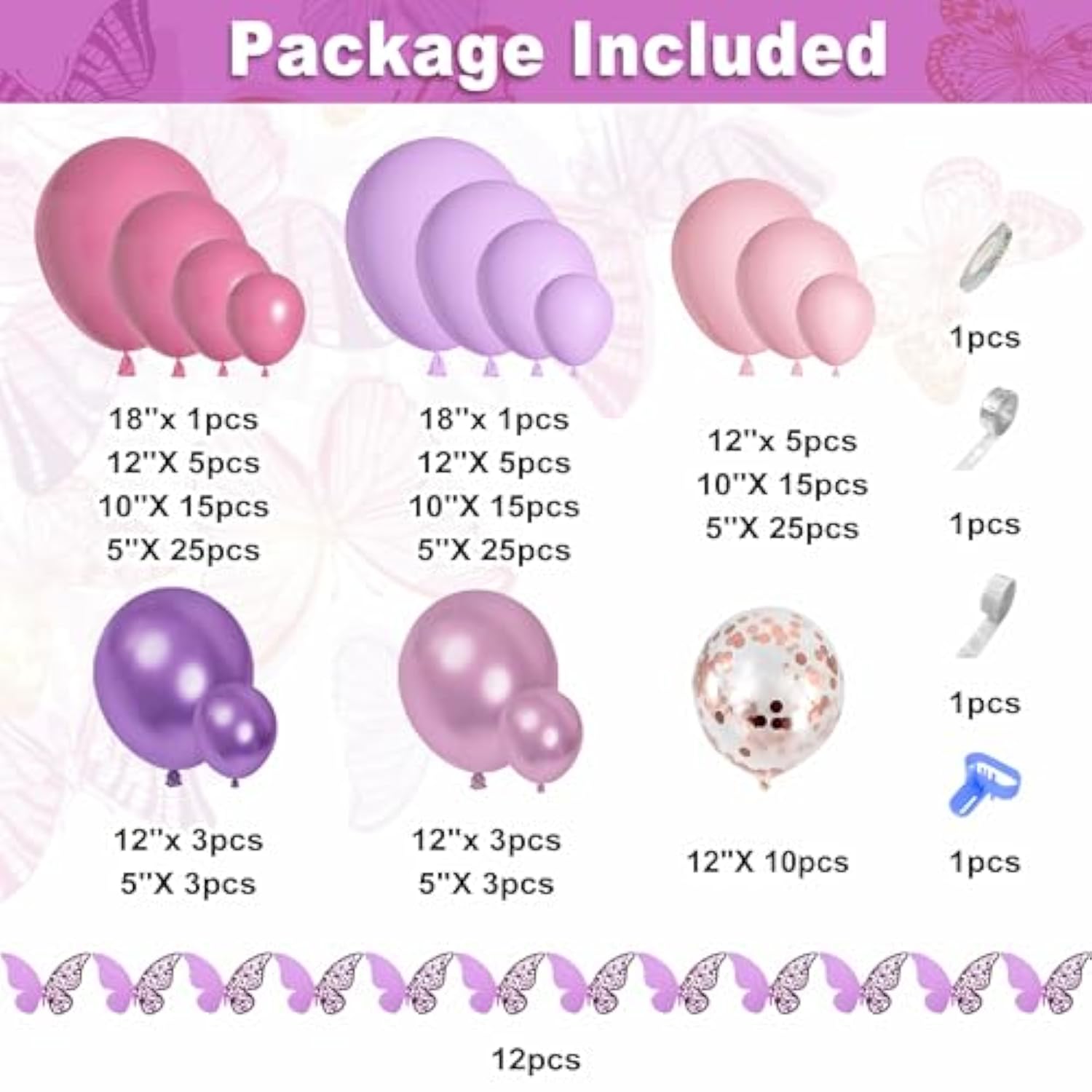 175Pcs Pink And Purple Balloon Garland Arch Kit Butterfly Baby Shower Decorations For Girl, Lavender Purple Dusty Pink Balloon For Women Birthday Bridal Shower Wedding Party Supplies