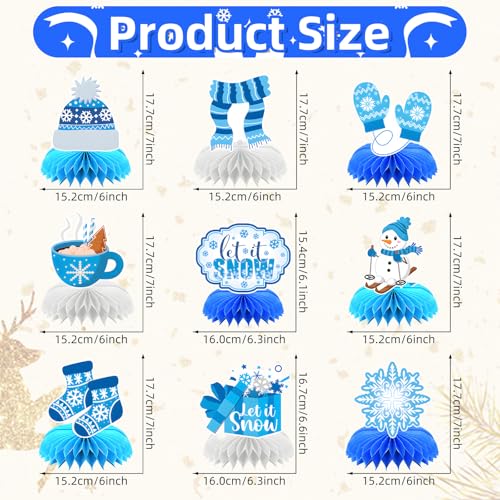 9 Pieces Winter Honeycomb Centerpieces – Let It Snow Table Decorations with Snowman, Snowflake, Hat, Scarf, Mittens, Hot Cocoa, Socks, and Gift Box for Winter Parties and Holiday Celebrations