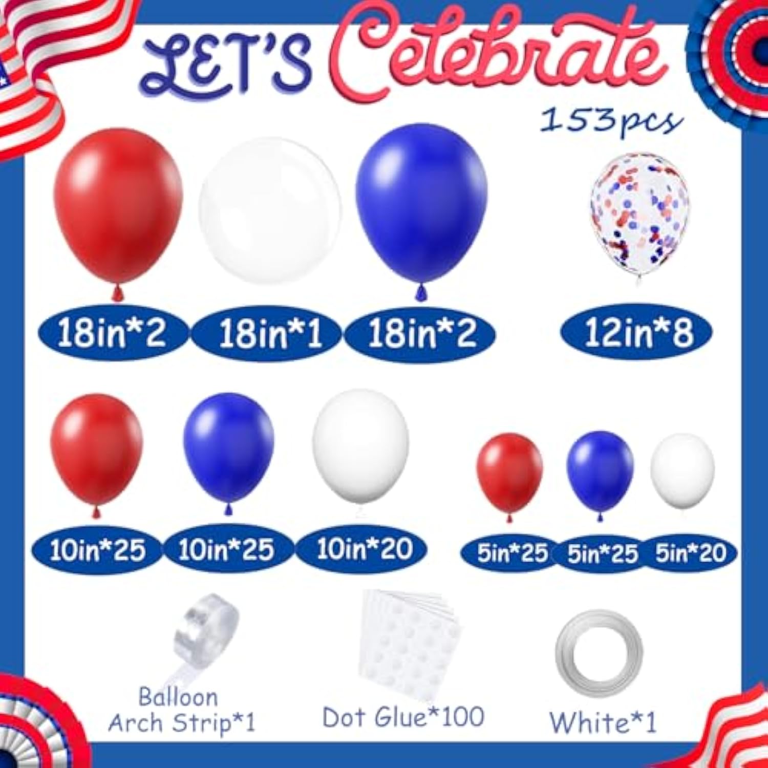 Red White And Blue Balloons Garland Arch Kit 153Pcs 4Th Of July Decorations Independence Day Red White Blue Confetti Latex Balloons For Baseball Birthday Patriotic Party Graduation Party Supplies