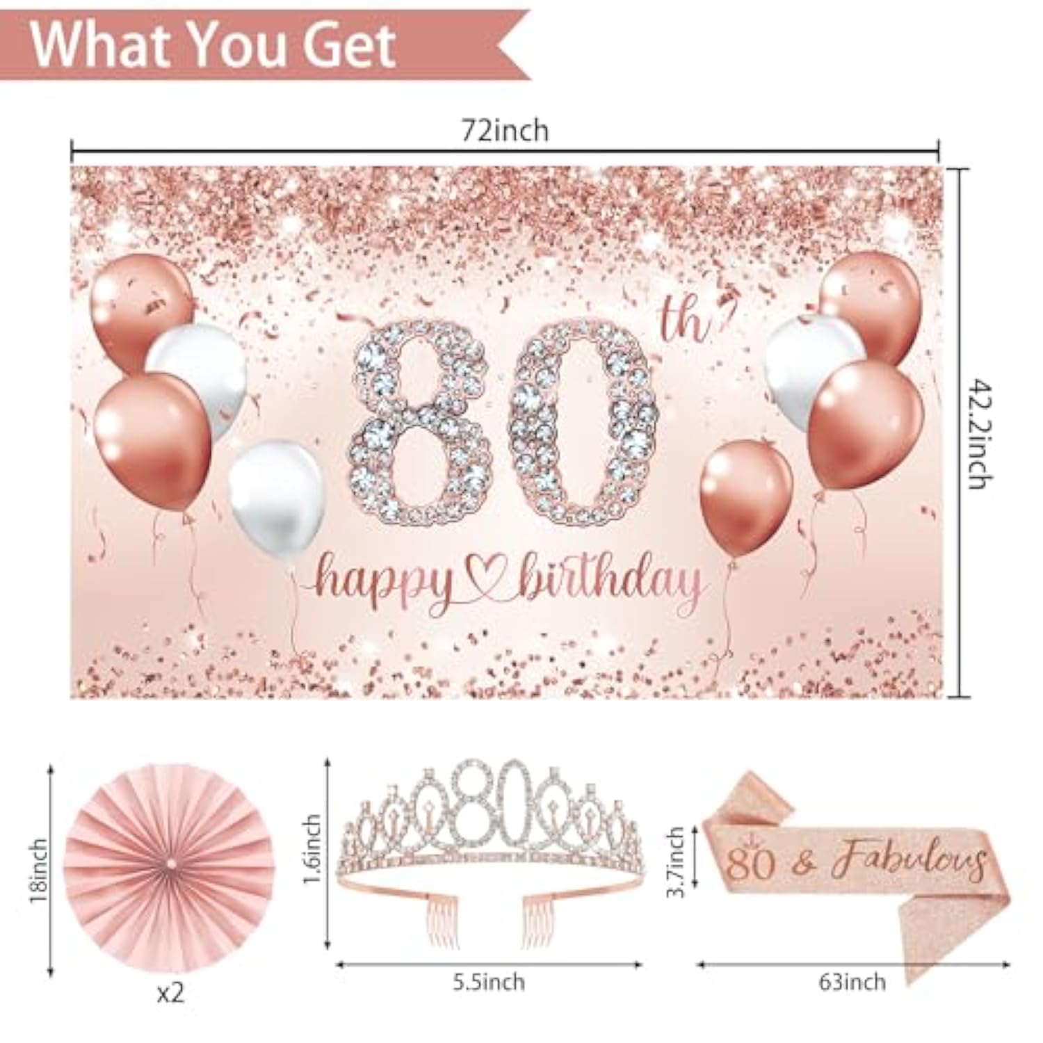 80Th Birthday Decorations For Women, 30Pcs Rose Gold Happy Birthday Party Supplies, 80Th Crown And Sash, Banner, Hanging Swirl Flag, Balloons, 80 Year Old Party Decoration Set