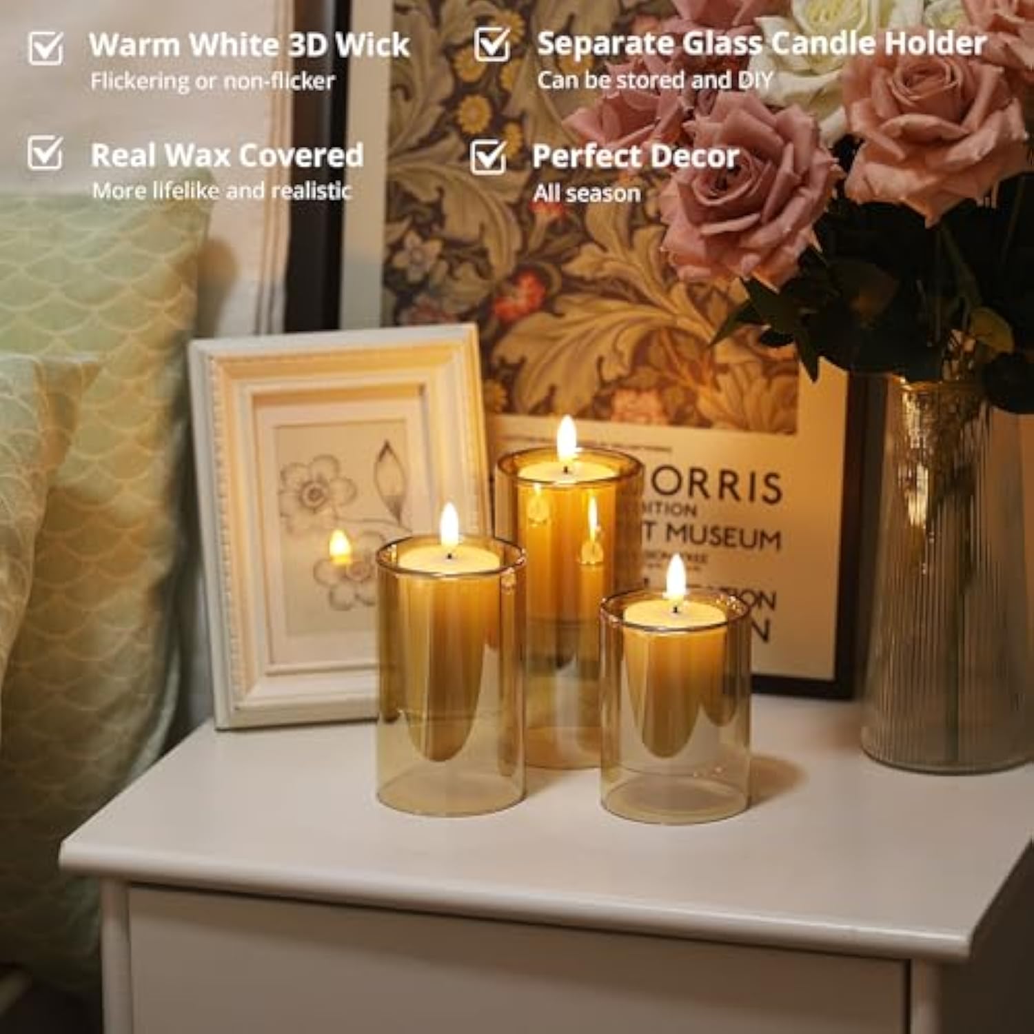 Flameless Candles With Remote Timer - Glass Real Wax 3D Wick Led Pillar Votive Candle Set Battery Operated Flickering Light For Home Christmas Decoration - Gold 3 Pack