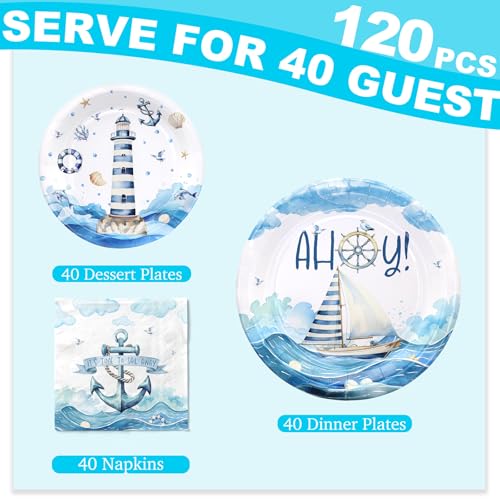 Nautical Party Plates and Napkins for 40 Guests – Sailboat and Lighthouse Theme Baby Shower and Birthday Supplies, Ahoy Ocean Tableware for Kids and Adults