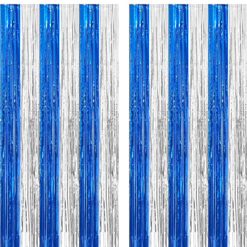 2 Pack Blue Silver Foil Fringe Curtain Tinsel Party Backdrop