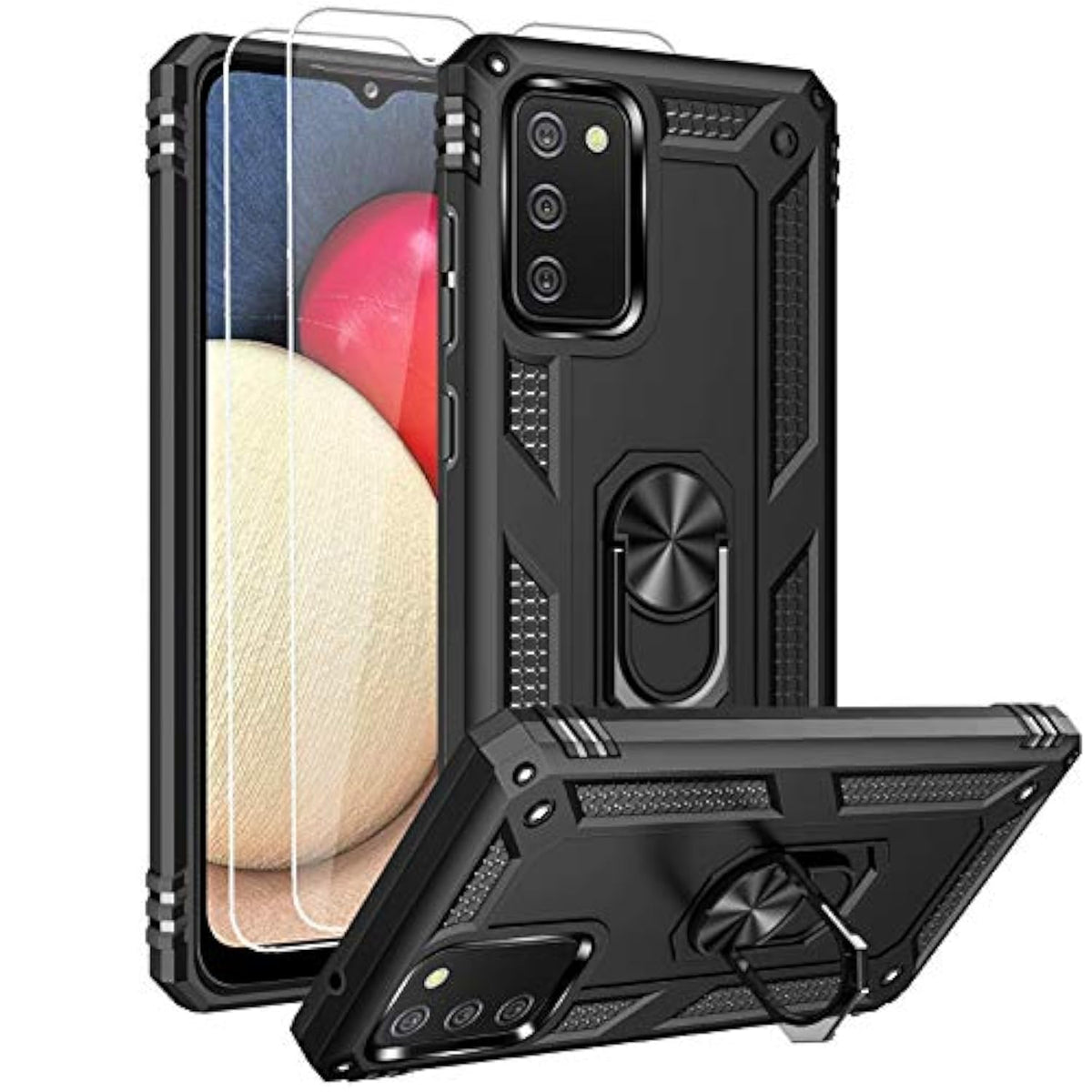 For Samsung A02S Case, Galaxy A02S Case With Hd Screen Protector, Military-Grade Ring Kickstand Holder Car Mount 15Ft Drop Tested Shockproof Cover Phone Case For Galaxy A02S, Black