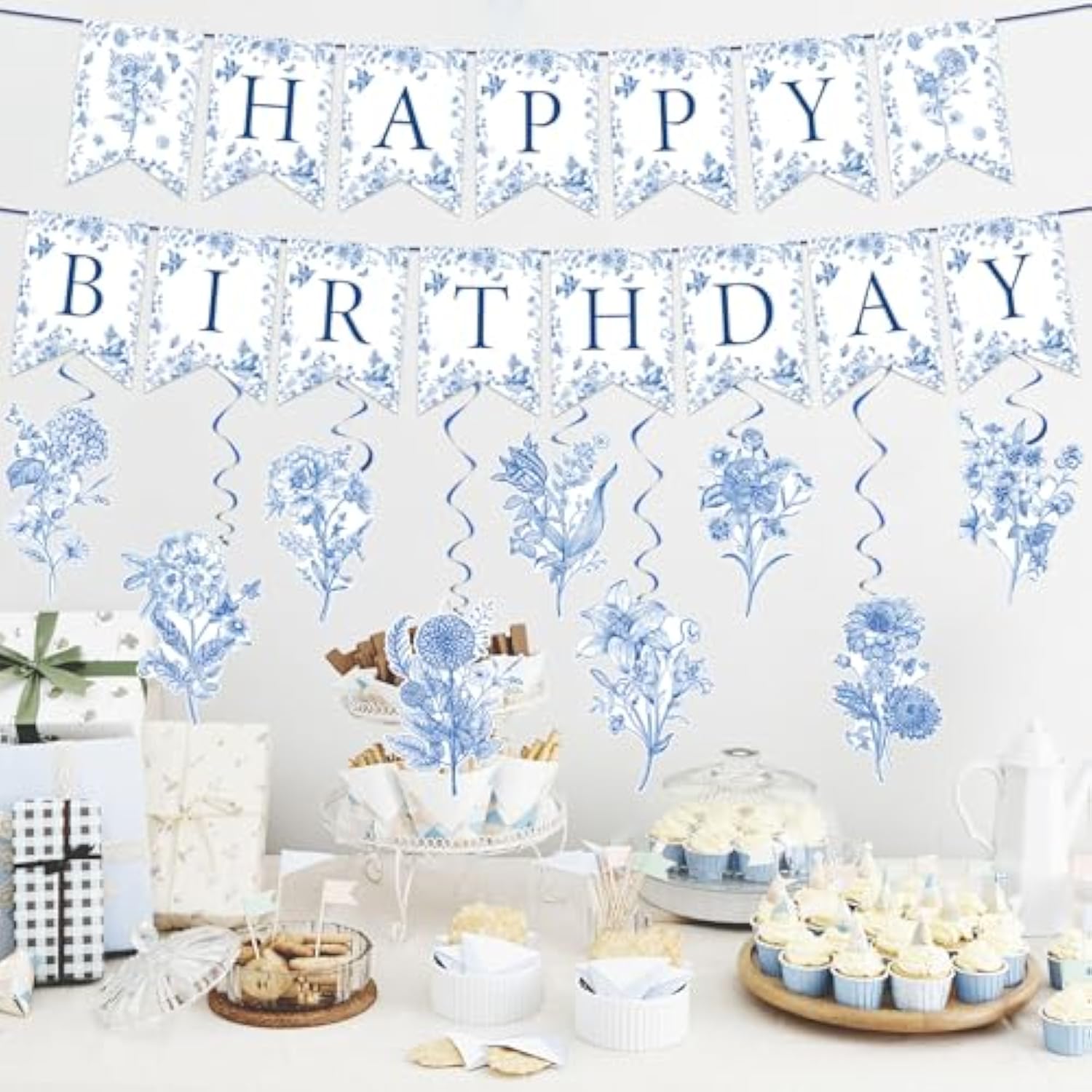 11 Pcs Blue Flower Chinoiserie Happy Birthday Banner & Hanging Swirls