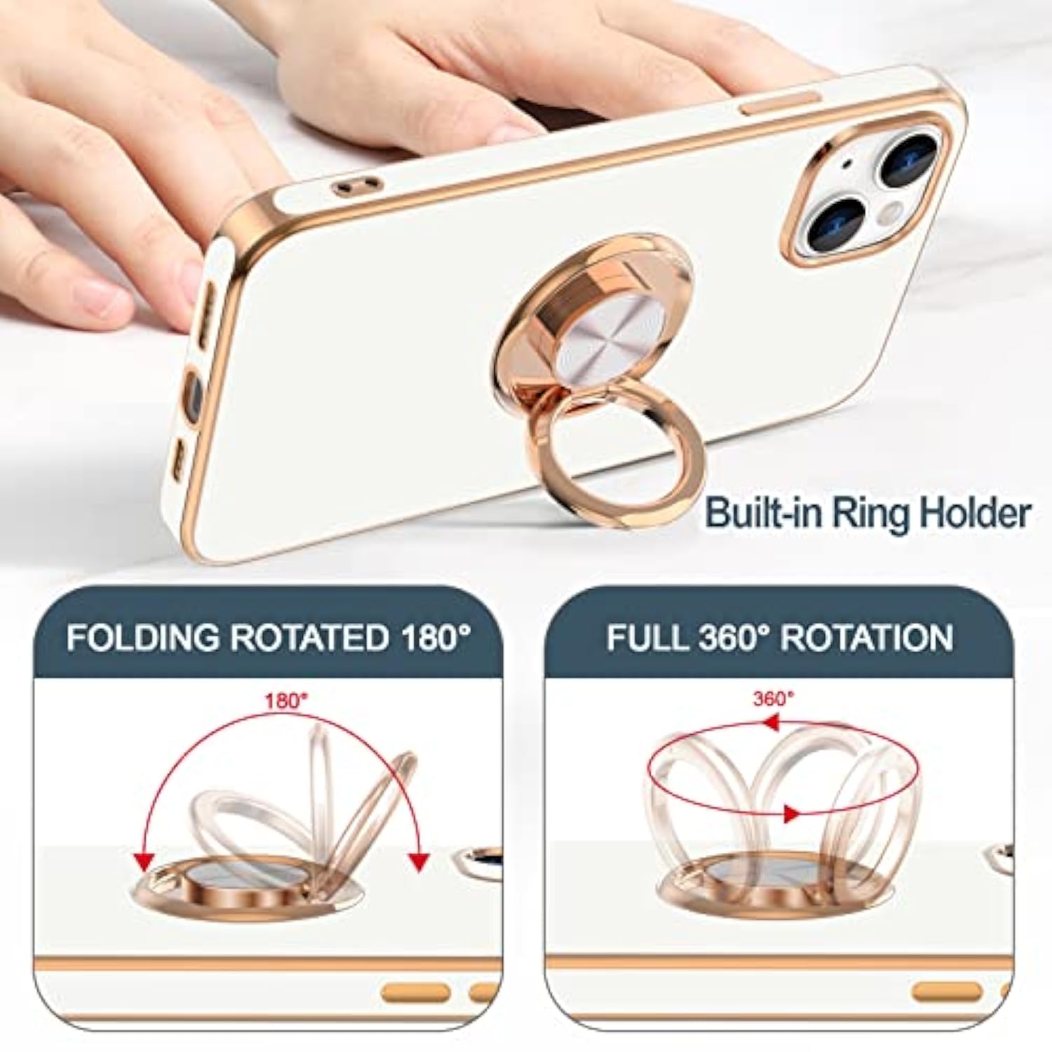 For Iphone 14 Case With Ring Stand [360° Rotatable Ring Holder Magnetic Kickstand] [Support Car Mount] Plated Gold Edge Slim Soft Tpu Luxury Shockproof Protective Phone Case Cover, White