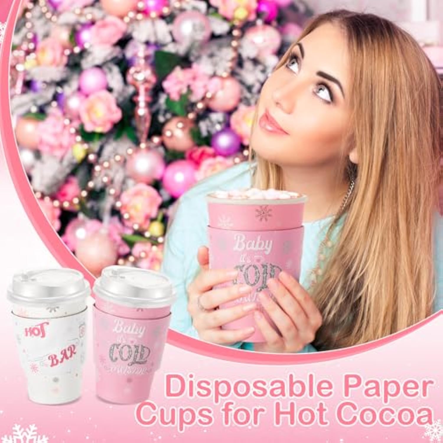 50 Sets 16 Oz Winter Baby Shower Party Coffee Cup Sets, Baby It'S Cold Outside Snowflake Hot Cocoa Bar Paper Cups With Lids, Sleeves Stirrers For Christmas Birthday Decoration(Pink And White)