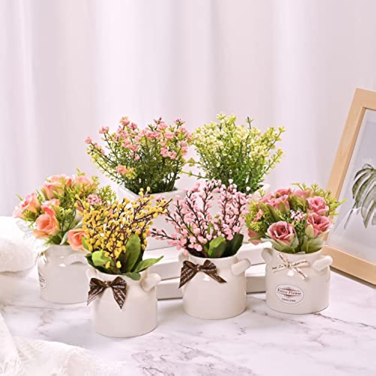 6Pcs Artificial Flowers With Ceramic Pot Fake Flower Arrangements Small Faux Spring Flowers In Vase Home Spring Decor, Centerpiece Table Decorations For Farmhouse Office Shelf Dining Table