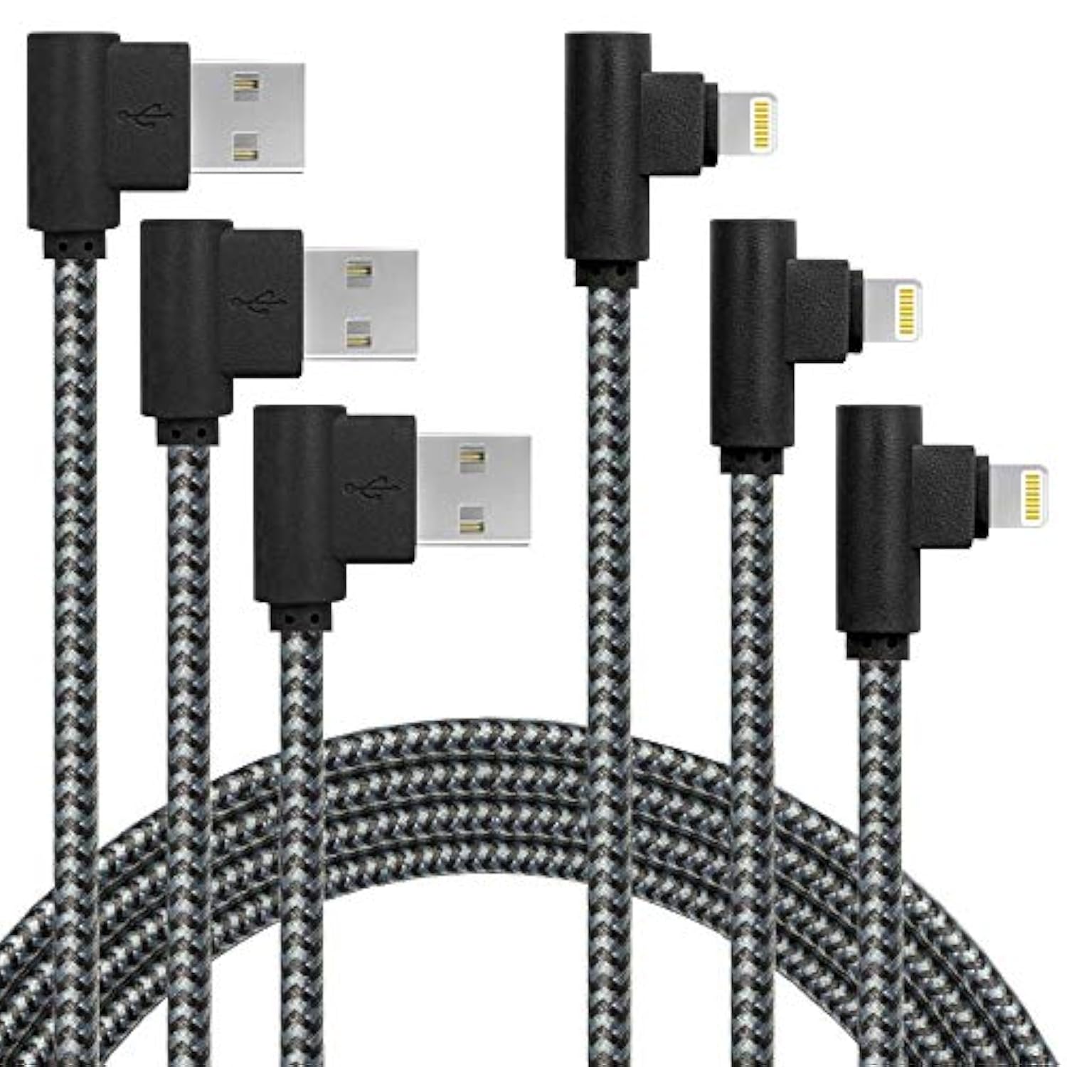 3 Pack 10Ft/3M [The Most Durable Cable] 90 Degree Charging Cable Extra Long Nylon Braided Certified Cable Compatible With Iphone 12/11/Xs Max/Xs/Xr/X, 8 7 6 (Black Gray, 10Ft)