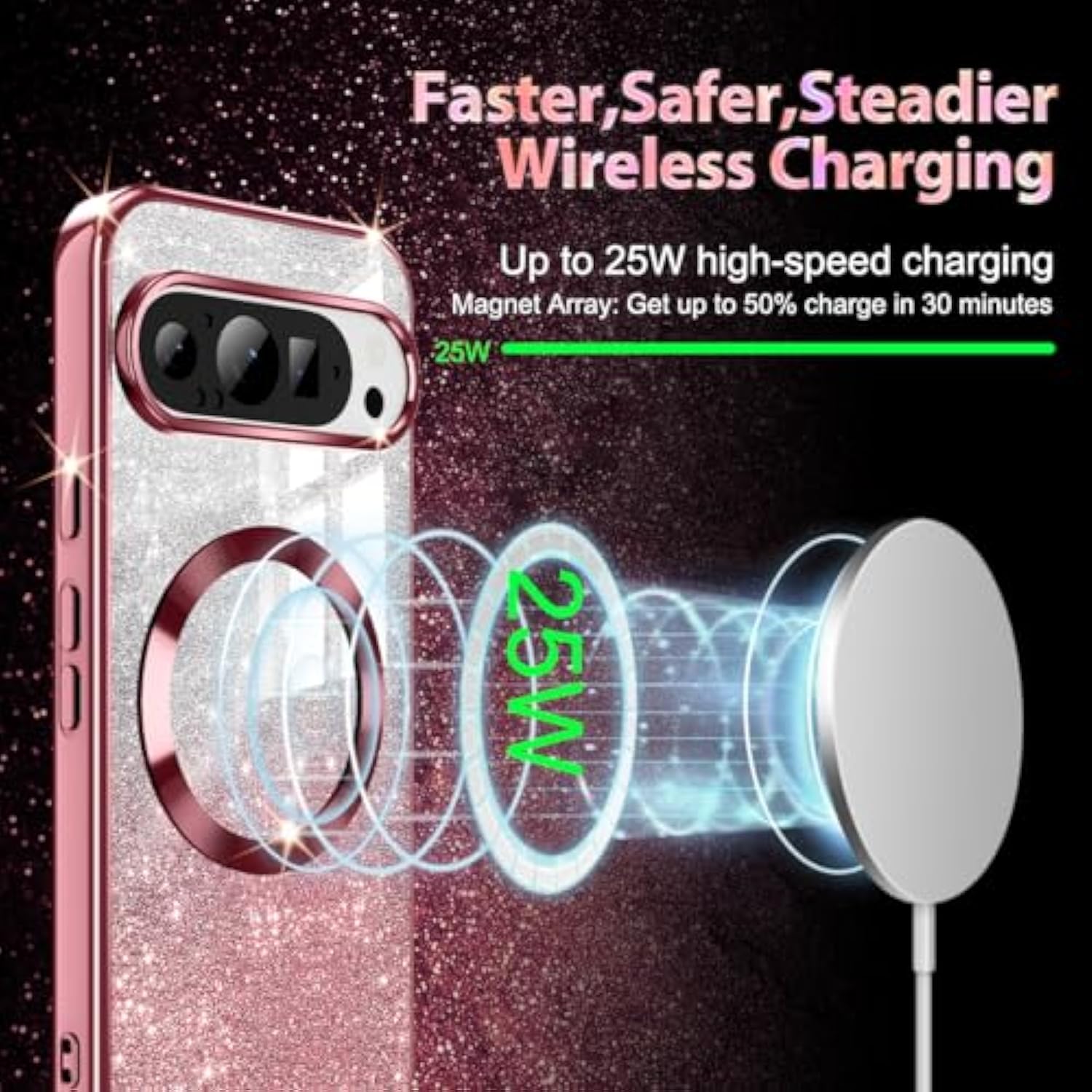 For Google Pixel 9/9 Pro Case, Compatible With , Glitter Sparkle Magnetic Plated Slim Shockproof Soft Tpu Bumper Full Protection Case, Rose Gold