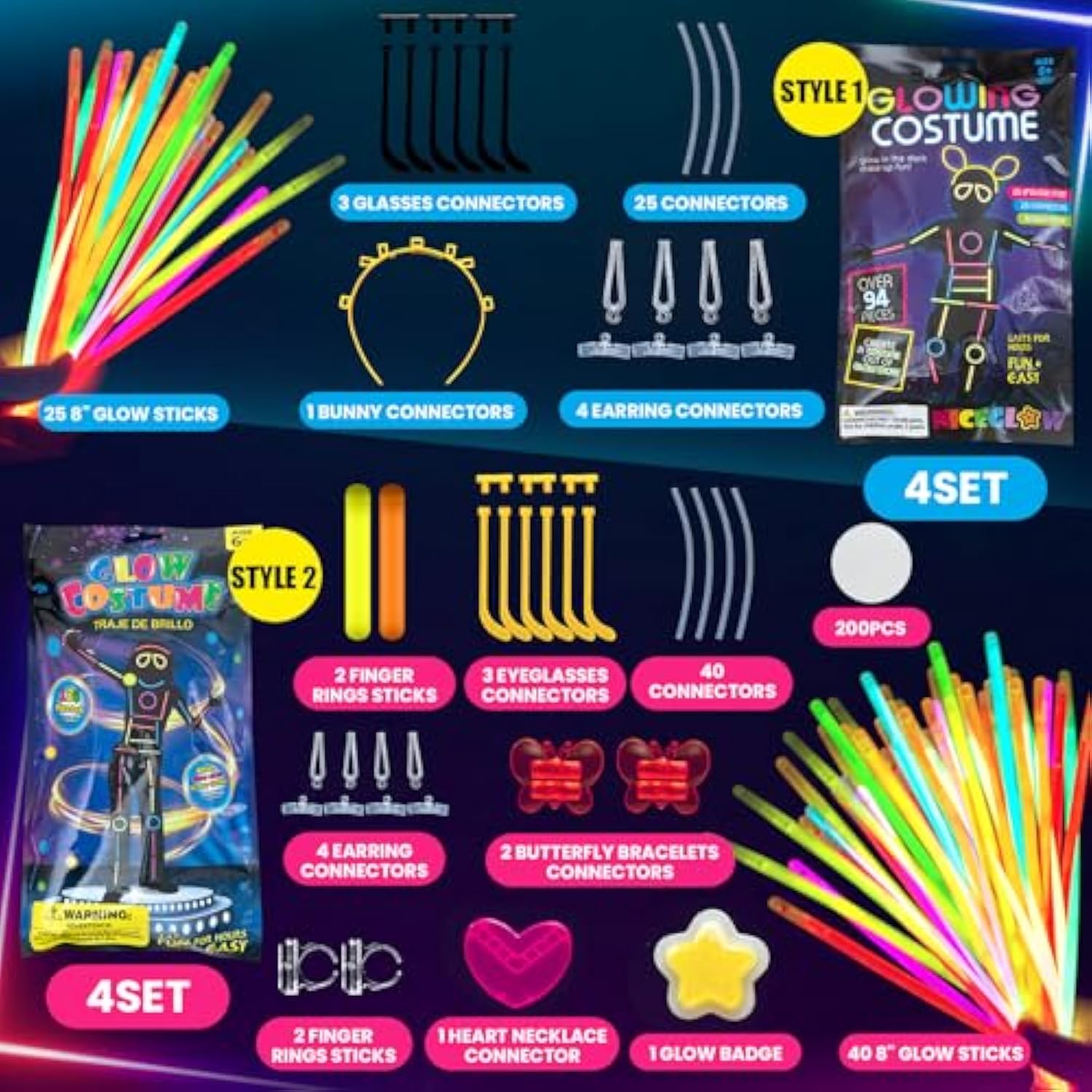 8 Set Glow Stick Figure Costume, 612 Pcs Light Up Stick Figure Costume, Glow In The Dark Outfits, Include Eyeglasses, Earring, Rings, Badge For Halloween(8,Transparent)