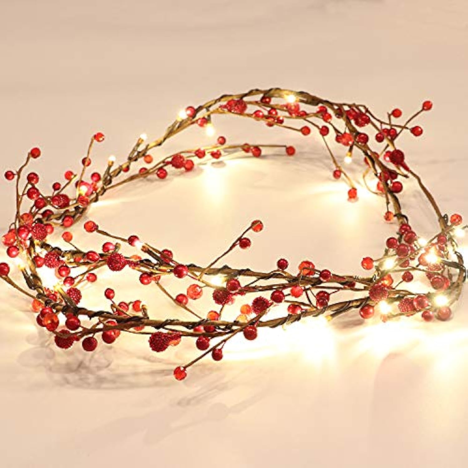 Red Berry Branch Pre-Lit Garland With 30Led Lights, Battery Operated Fairy String Lights With Timer Function For Christm