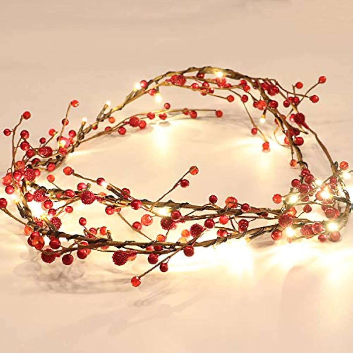 Red Berry Branch Pre-Lit Garland With 30Led Lights, Battery Operated Fairy String Lights With Timer Function For Christm
