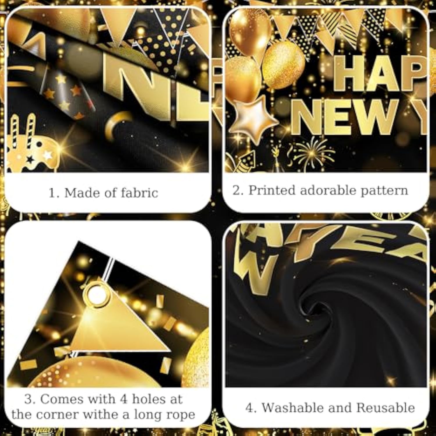 Black & Gold 2026 Happy New Year Banner 70.8x78.7in Party Backdrop