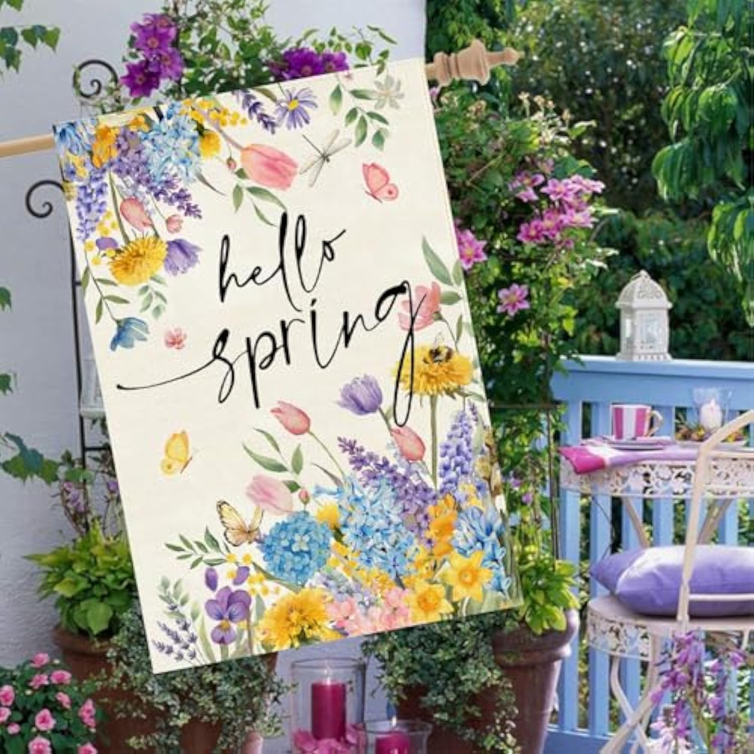 Spring Floral House Flag Burlap Double Sided 28X40 Inch Outside, Hello Spring Cute Tulip Flowers Large Garden Flag Holiday Outdoor Decoration