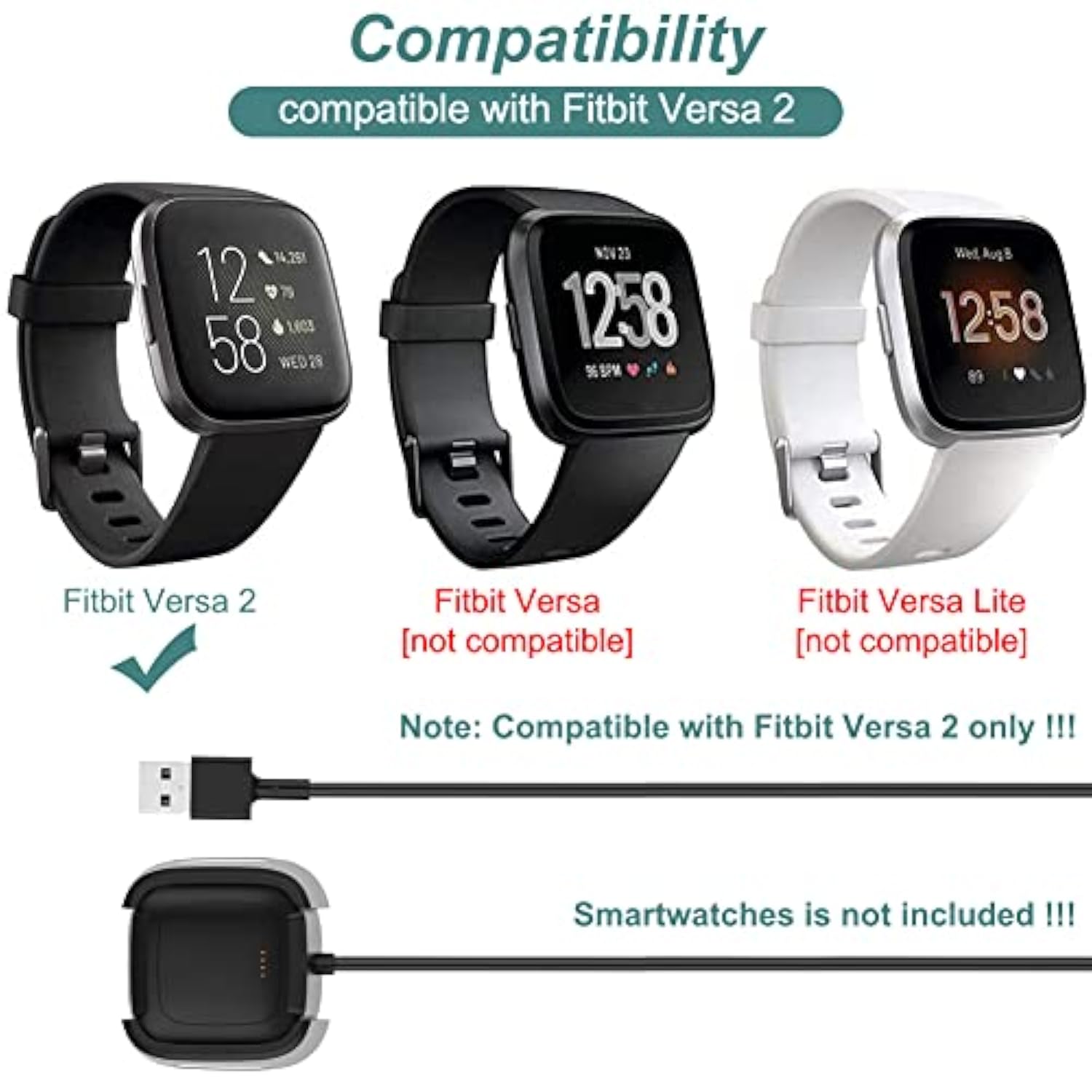 Charger For Fitbit Versa 2, Replacement Charging Cable Dock With 3.3Ft Usb Cord For Fitbit Versa 2 Smart Watch [2 Pack]