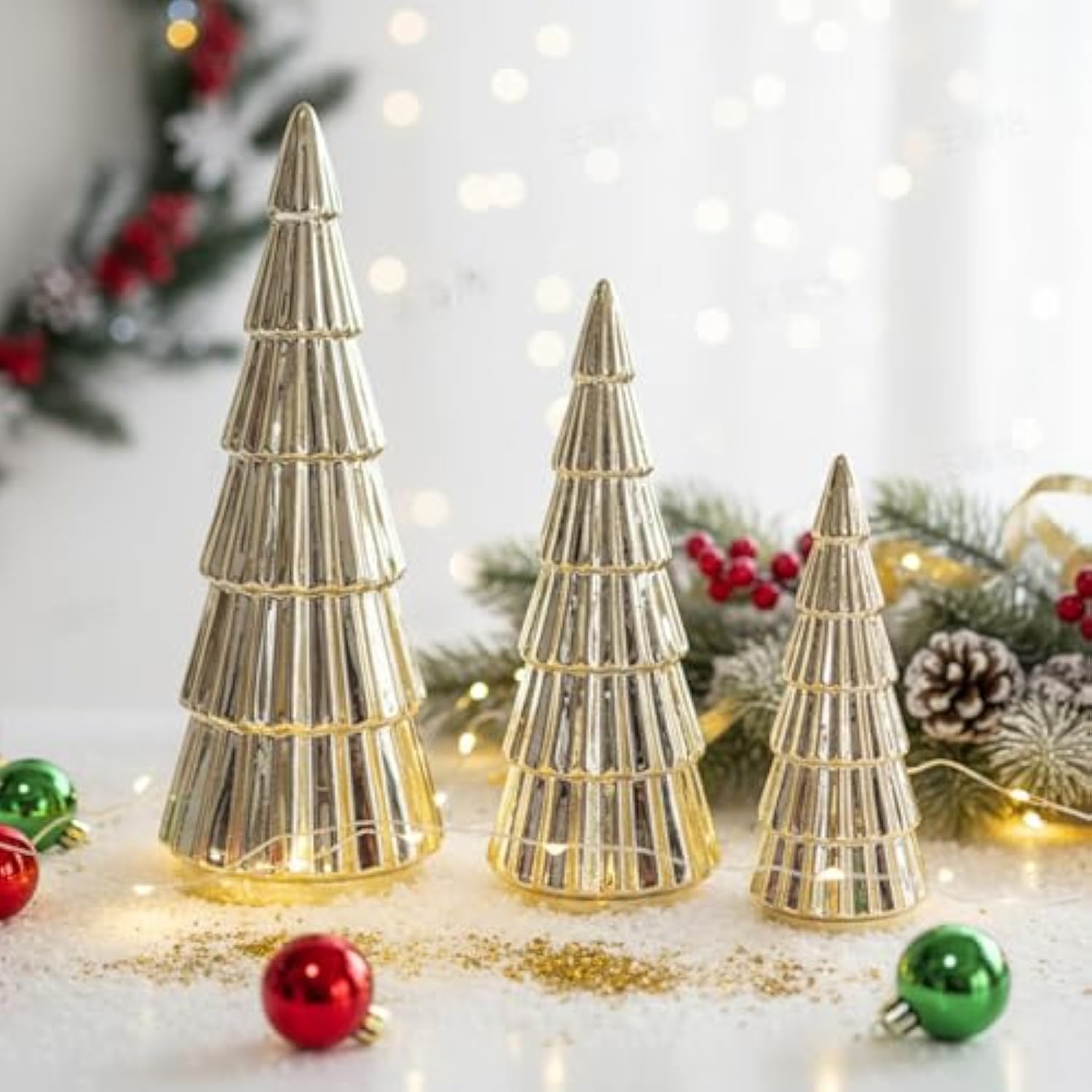 3 Pieces Gold Ceramic Christmas Tree Figurines Tabletop Small Decorative Xmas Tree Desktop 6.3" & 8.1" & 10.2" Tall Holiday Table Centerpieces For Office Home Mantle Shelf Cabinet Decor Indoor