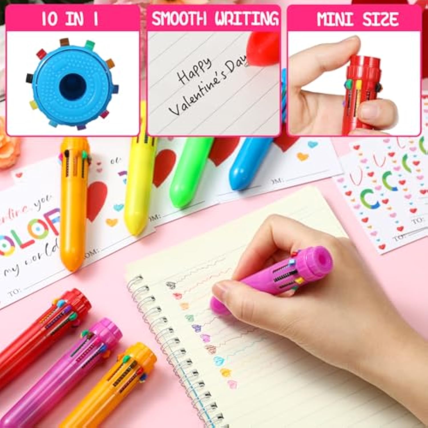 24 Set Valentine Cards And Ballpoint Pen Gift 24 Pcs Mini Shuttle Pens 0.5Mm Multicolor Retractable Pens, Greeting Cards For Party Supplies Prize