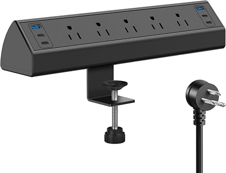 Desk Clamp Power Strip with 5 Outlets 6 USB Ports 4 USB C 40W Charging Station 6FT Cord 1200J