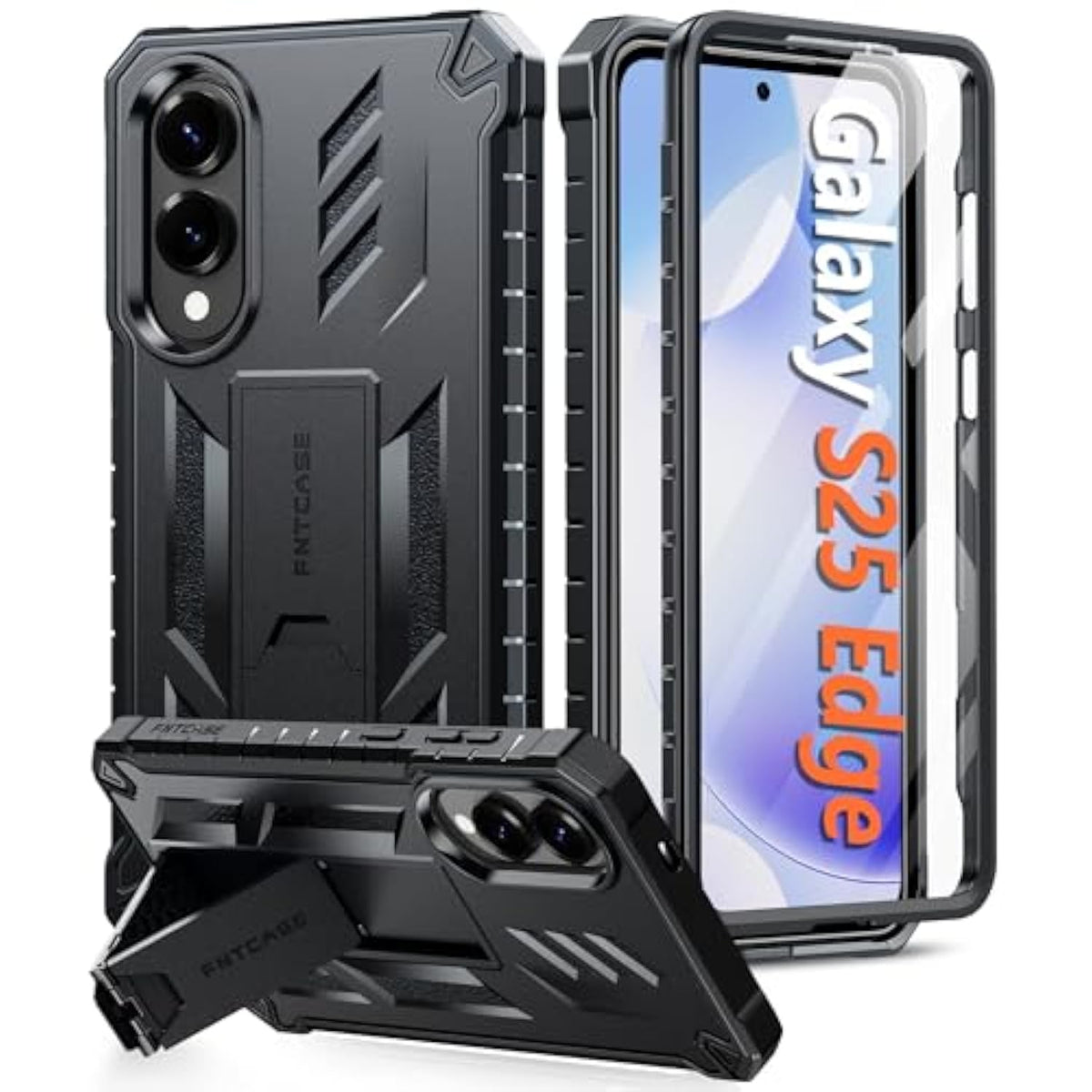 For Samsung Galaxy S25-Edge Case: Military Grade Drop Proof Protection Mobile Cover With Kickstand | Matte Textured Rugged Shockproof Tpu | Protective Sturdy Phonecase - Black