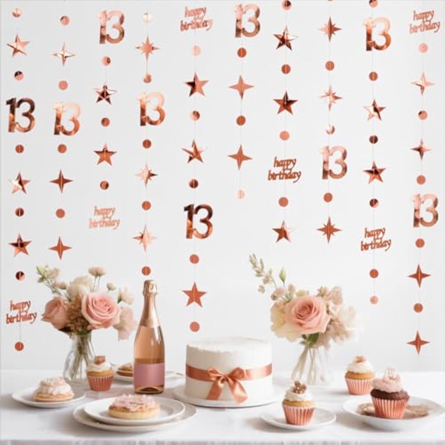 46Ft Rose Gold 13th Birthday Decorations Star/Dot Garlands & Streamers (14M)