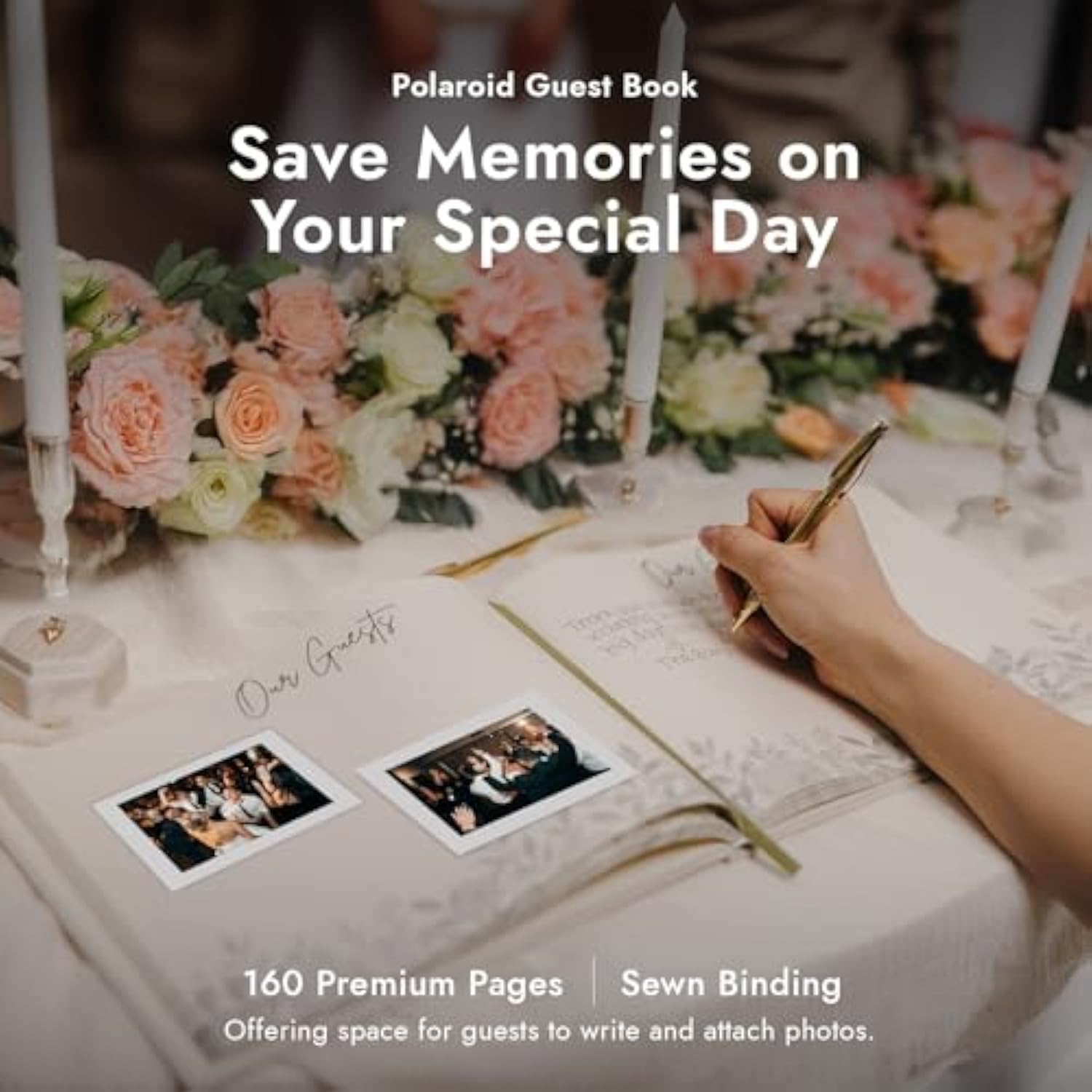 Linen Embroidered Photo Wedding Guest Book - Premium Hardcover Polaroid Guestbook For Wedding Reception, Baby Shower, Bridal Shower, Funeral, Engagements -160 Pages For Messages -10.25" × 8.25"