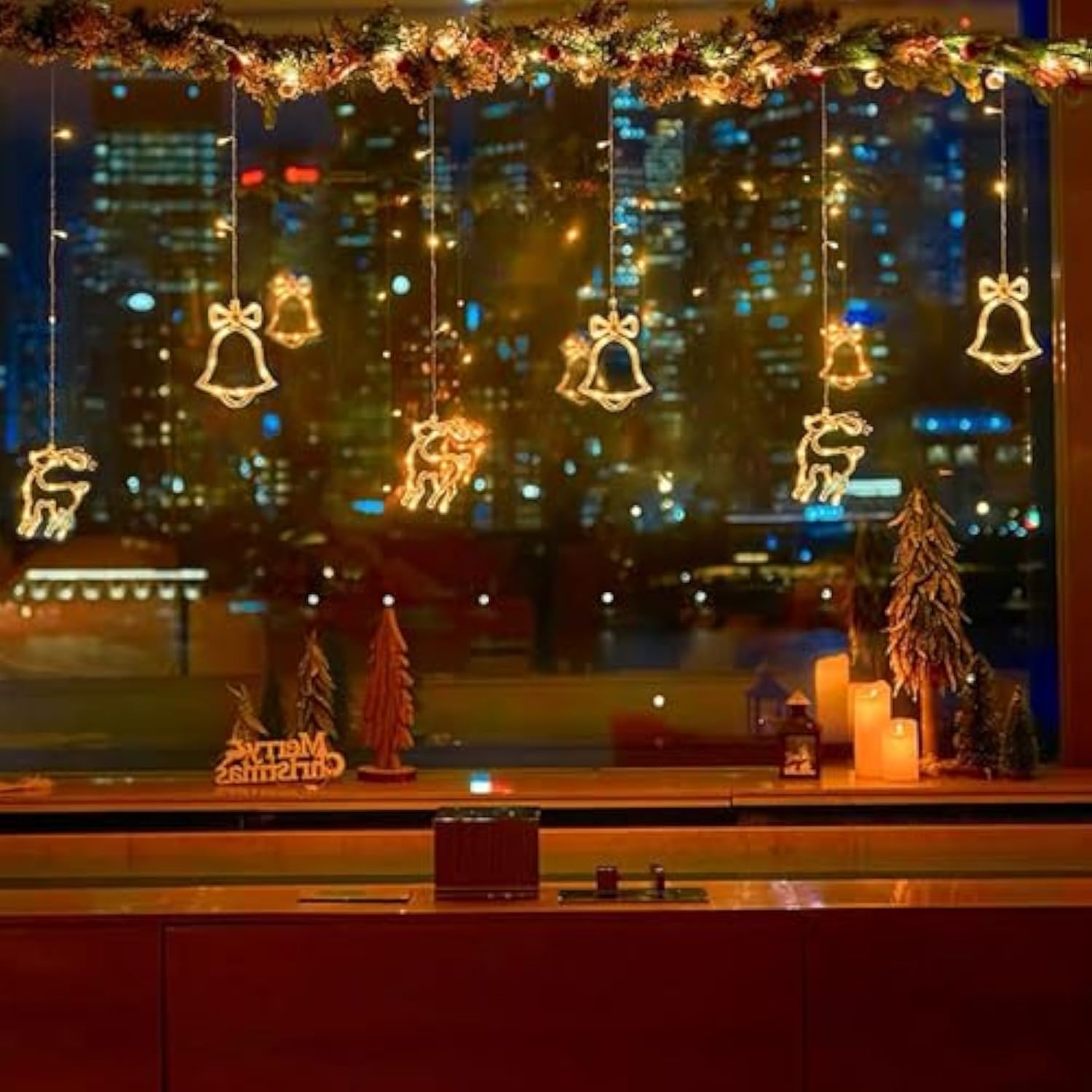 180 Led Christmas Curtain String Lights, 8.3 Ft Linkable Warm White Window Fairy Lights With 12 Reindeer & Bell Pendants