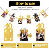 Pre-Strung Happy 40th Birthday Photo Banner — Black & Gold Glitter Party Decor