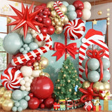 Christmas Balloon Arch Garland Kit, Dusty Pastel Green Metallic Gold White Sand Ruby Red Long Latex Balloons with Large Cane Candy Exploding Star Foil Balloon for Xmas Baby Shower Party Decorations