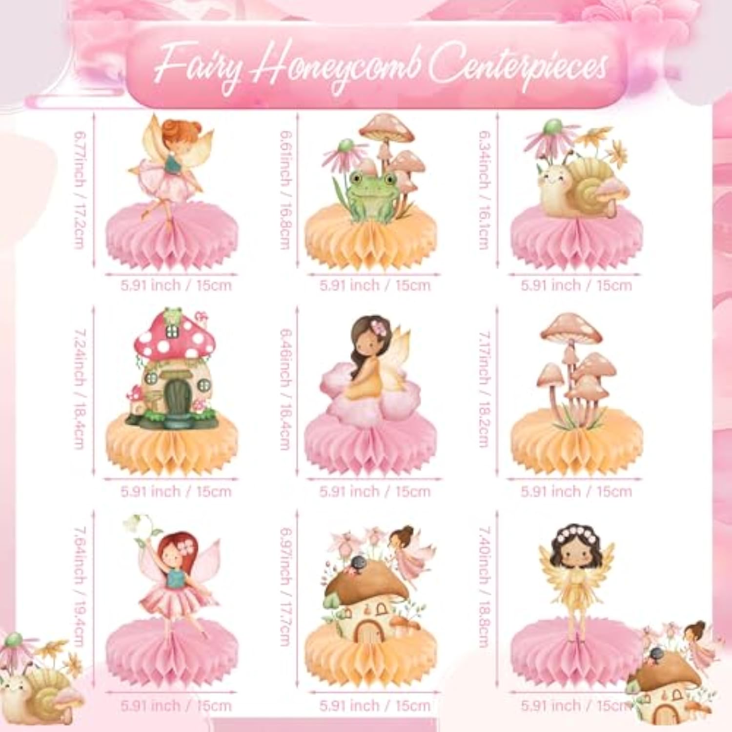9 Pcs Fairy Party Decorations Fairies Honeycomb Centerpieces First Birthday Baby Shower Table Decor 3D Fairyland Mushroom Frog Paper Centerpieces For Home Forest Wonderland Supplies