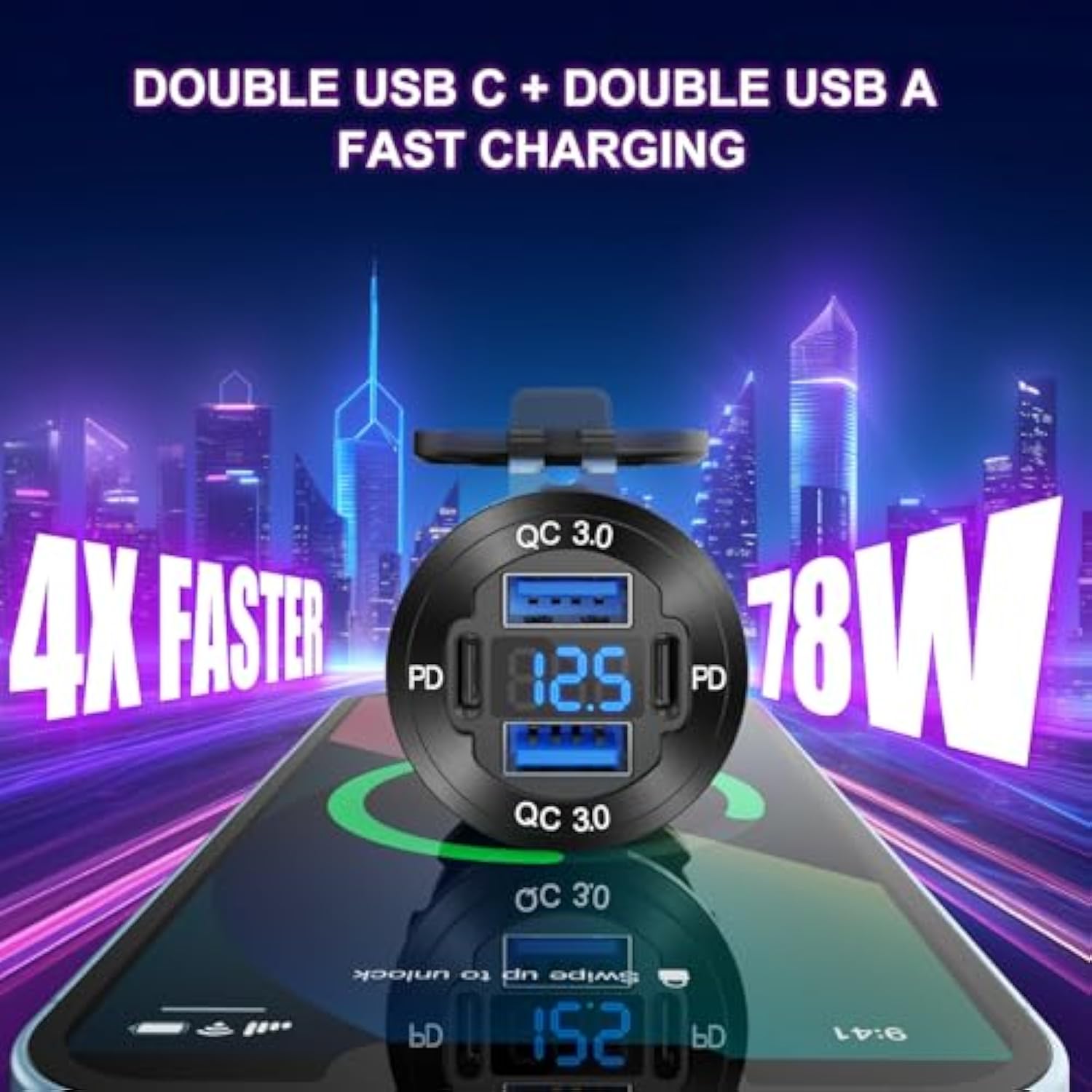 Upgraded 4 Port 12V Usb Outlet Aluminum Charger, 78W Dual Pd & Qc Multiple Usb Port For Car, Usb C Cigarette Lighter Replacement 12 Volt Socket With Voltmeter Waterproof For Marine Boat Motorcycle Rv