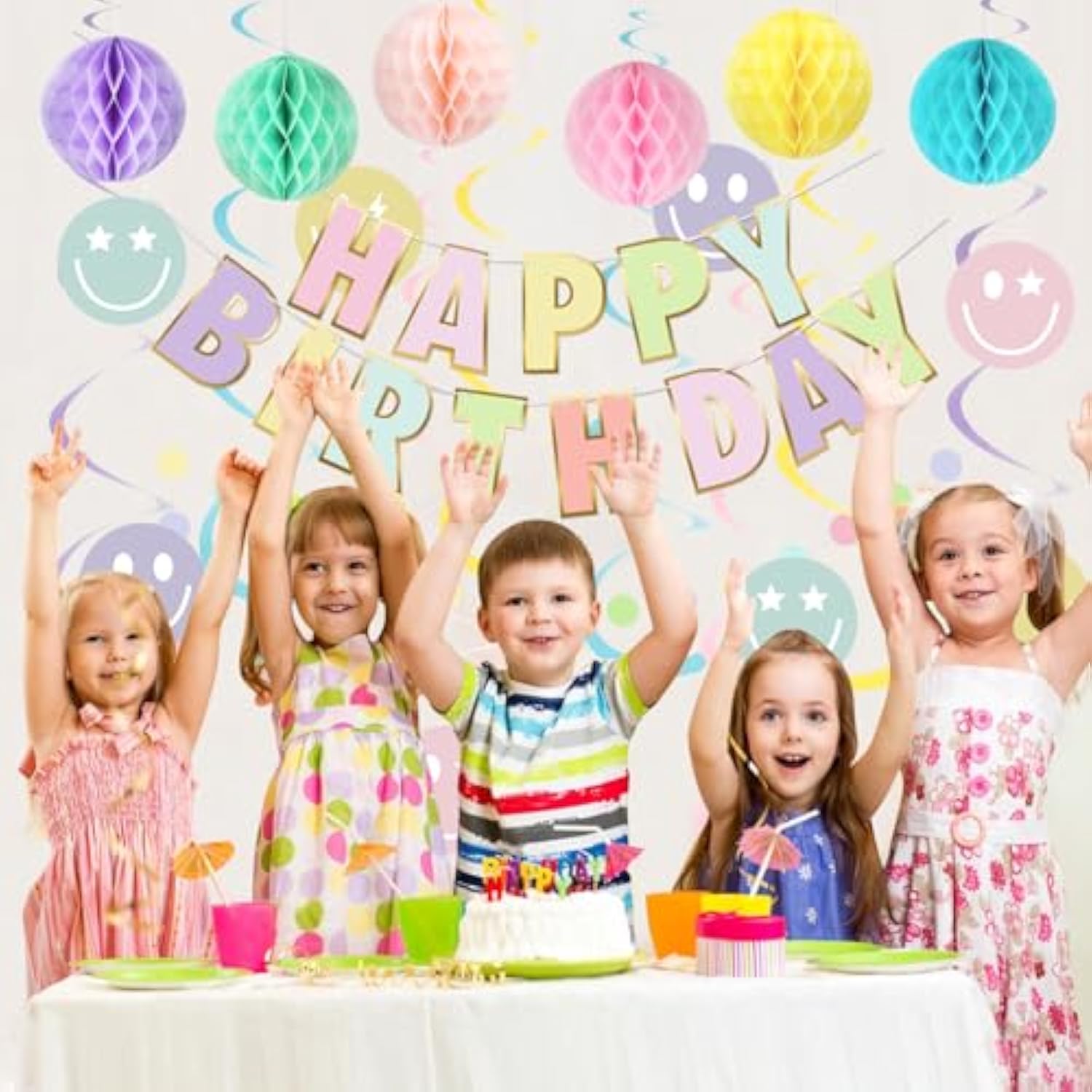 Pastel Birthday Decoration Set: Macaron Banner, Honeycomb Balls & Smiley Swirls