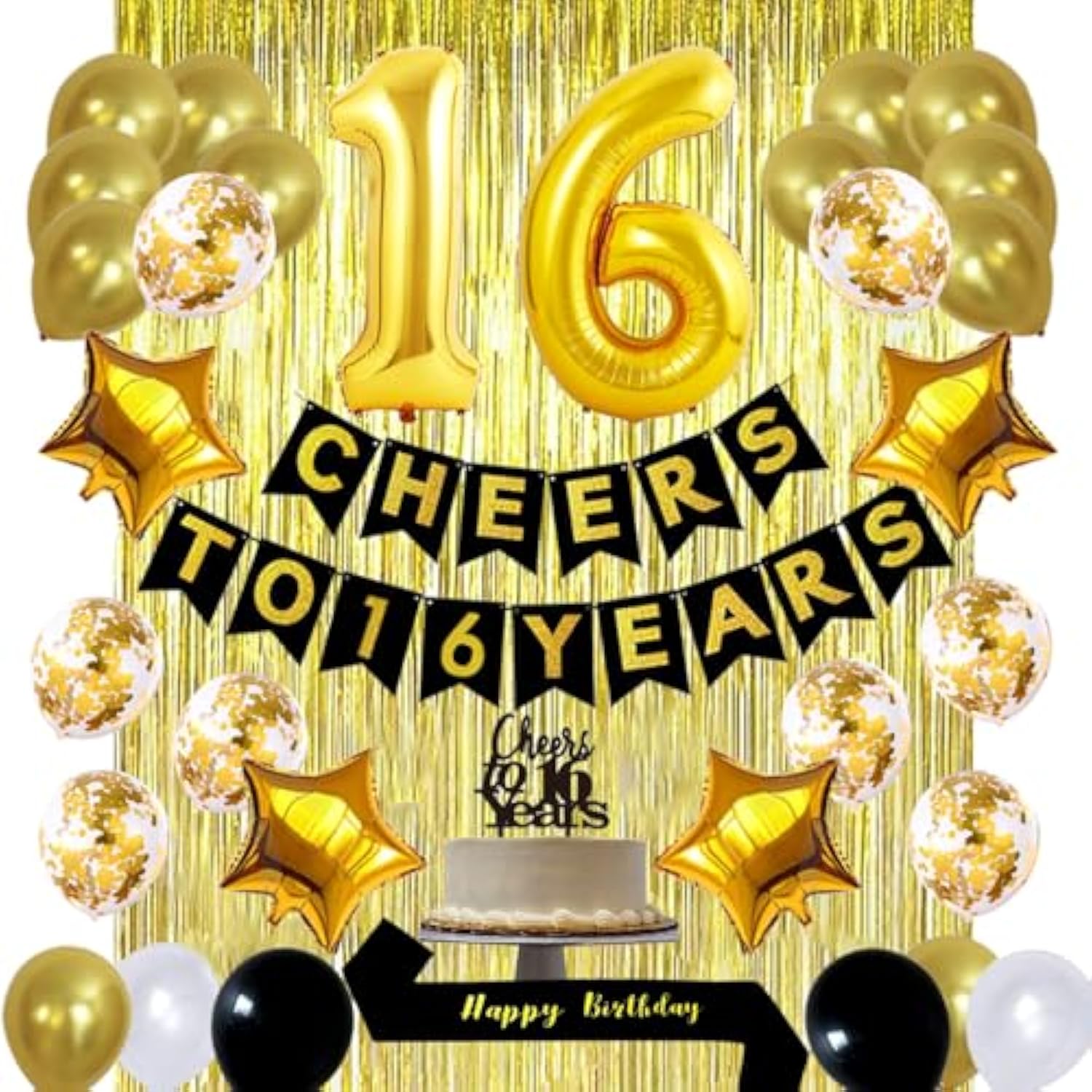 Gold 16Th Birthday Decorations Kit, Cheers To 16 Years Banner Balloons