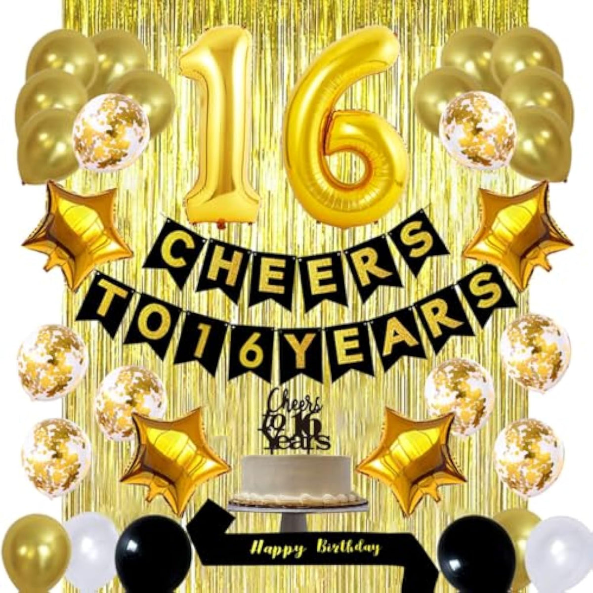 Gold 16Th Birthday Decorations Kit, Cheers To 16 Years Banner Balloons