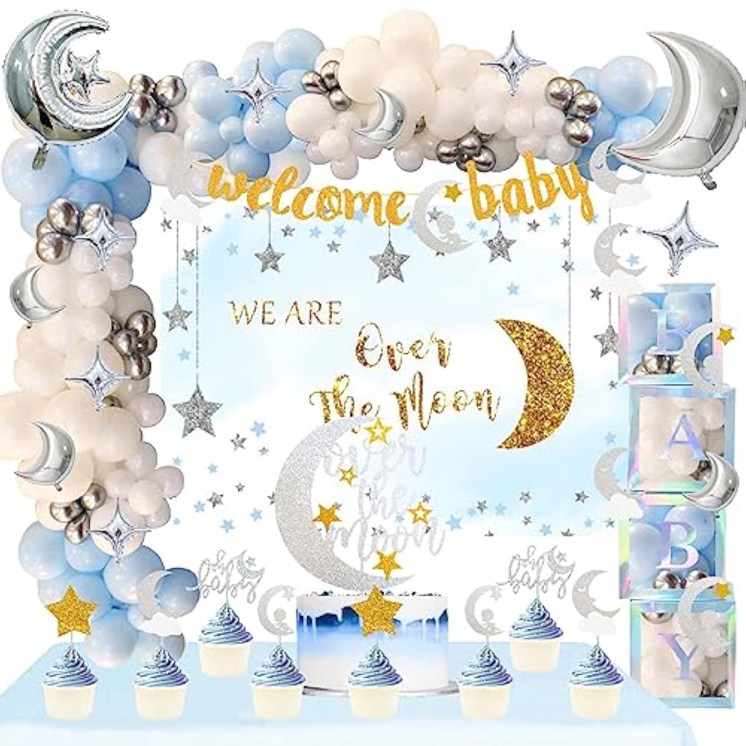 154 Pcs Over The Moon Baby Shower Decorations, We Are Over The Moon Baby Shower Decorations Backdrop Balloon Garland Glitter Banner Cake Cupcake Topper Boxes Cutout Starry Night Galaxy Sliver