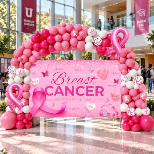 Breast Cancer Awareness Decorations,152PCS Breast Cancer Awareness Decorations Balloon Garland Arch Kit with Pink Ribbon Balloons and Large Backdrop Banner