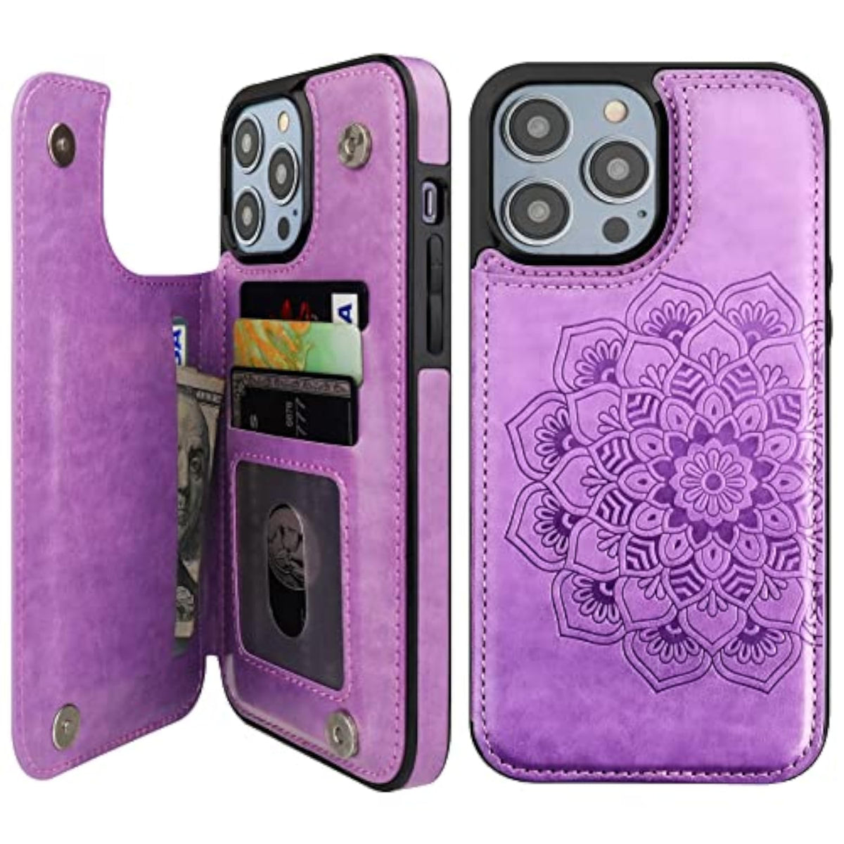 Mandala Pattern PU Leather Wallet Case for iPhone 14 Pro Max with Card Holder and Double Buttons, 6.7 Inch, Purple