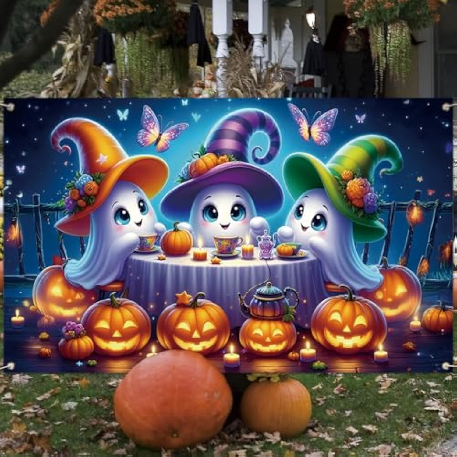 Halloween Photo Backdrop Cute Ghost Tea Party Tapestry Decor for Home Party Supplies