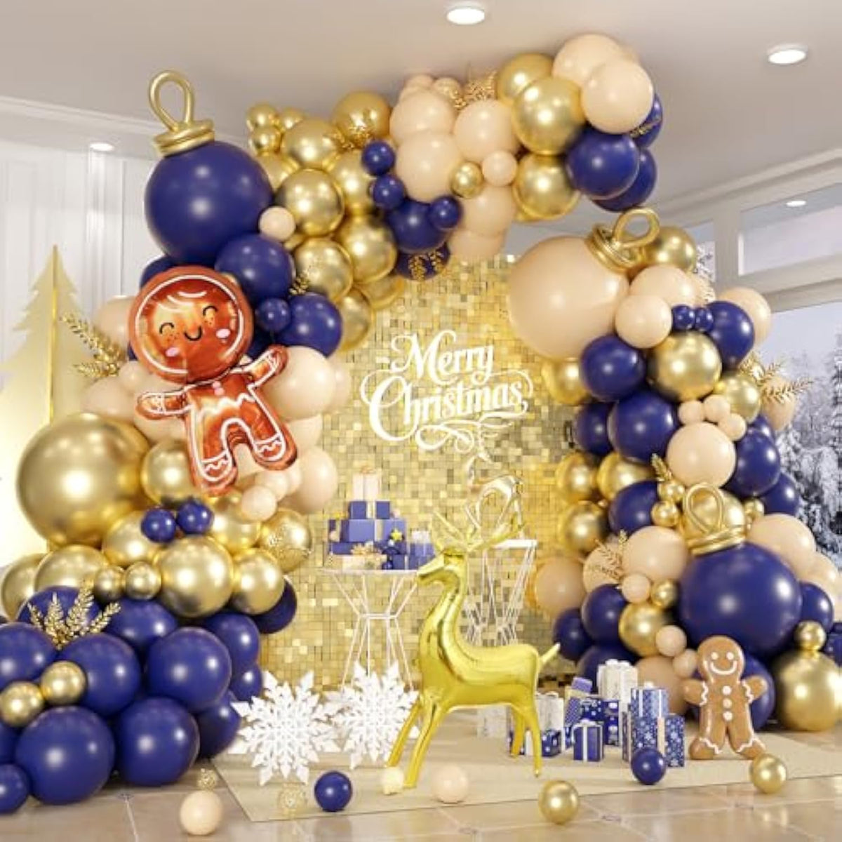 Christmas Balloon Arch Kit with Navy, Apricot, and Foil Gingerbread Balloons