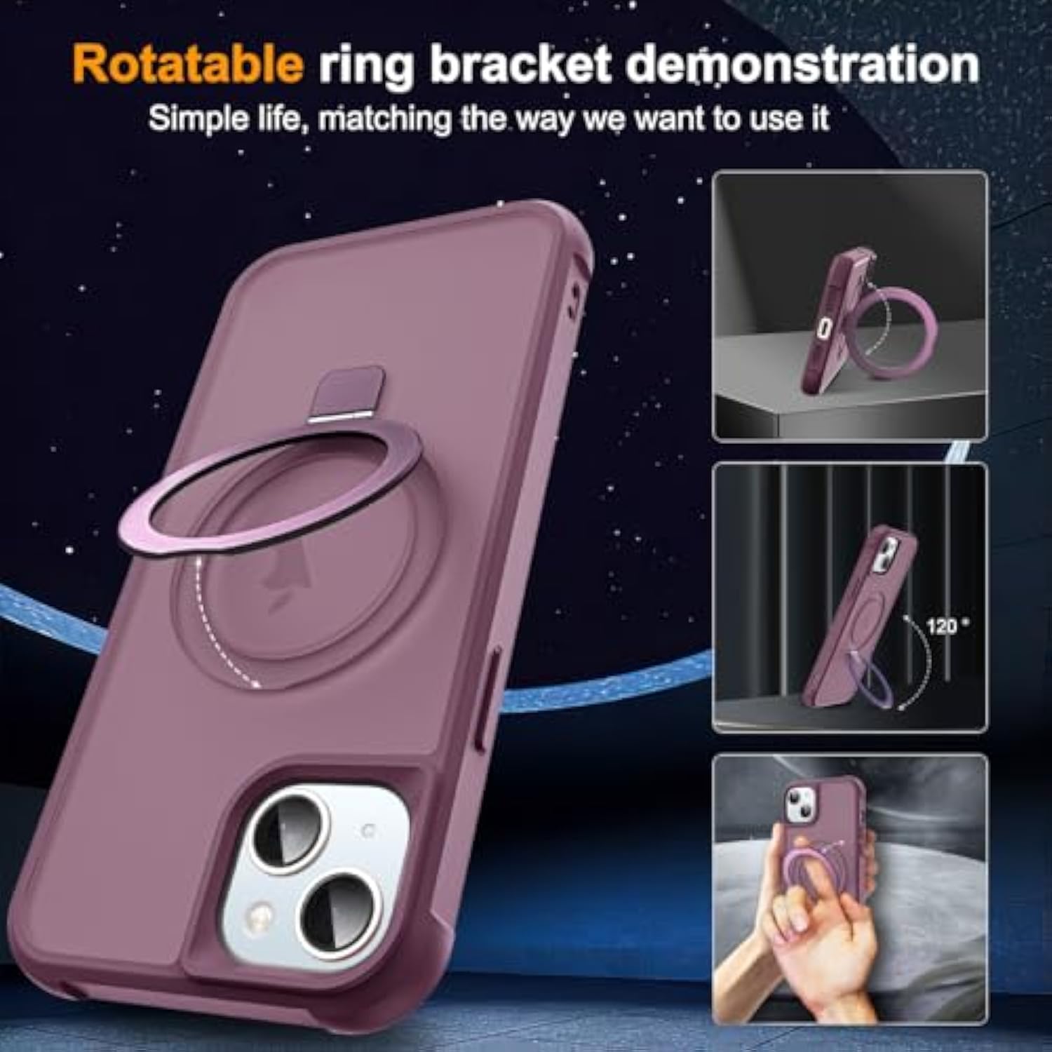 Compatible With Iphone 15 Plus Case With Invisible Magnetic O-Ring Stand Military-Grade Translucent Case For Iphone 15 Plus 6.7" [Compatible With Mag-Safe][Great Grip Feeling], Wine Red
