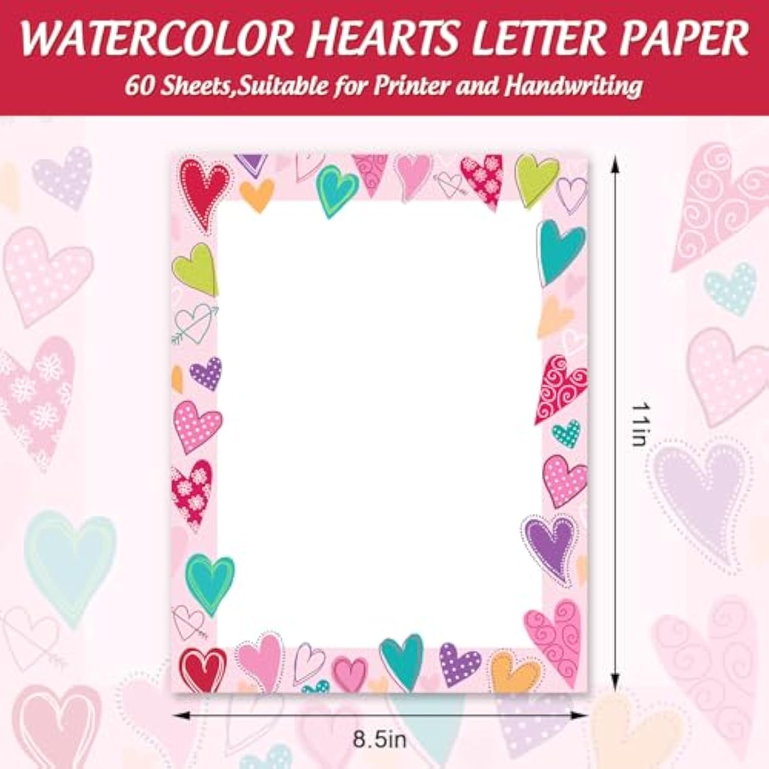 60Pcs Valentine Stationery Paper Love Heart Border Letterhead Decor Letter Writing Paper For Notes Greeting Cards Wedding Anniversary Invitation Office School Printing, 8.5 X 11 Inch