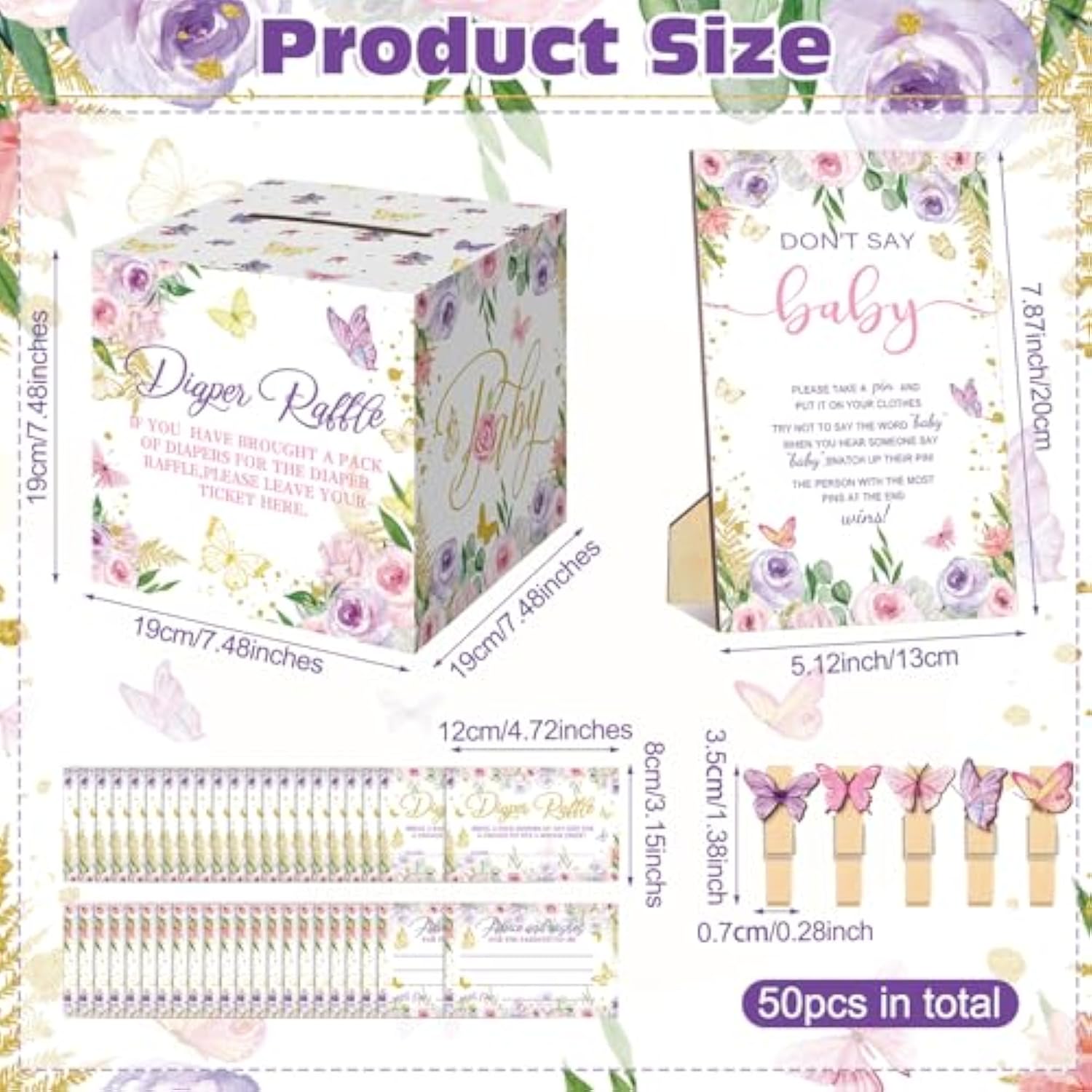 102 Pcs Butterfly Baby Shower Game Supplies Diaper Raffle Tickets With Diaper Raffle Card Box Don'T Say Baby Sign Mini Butterfly Clothespin Game Decor For Gender Reveal Favor