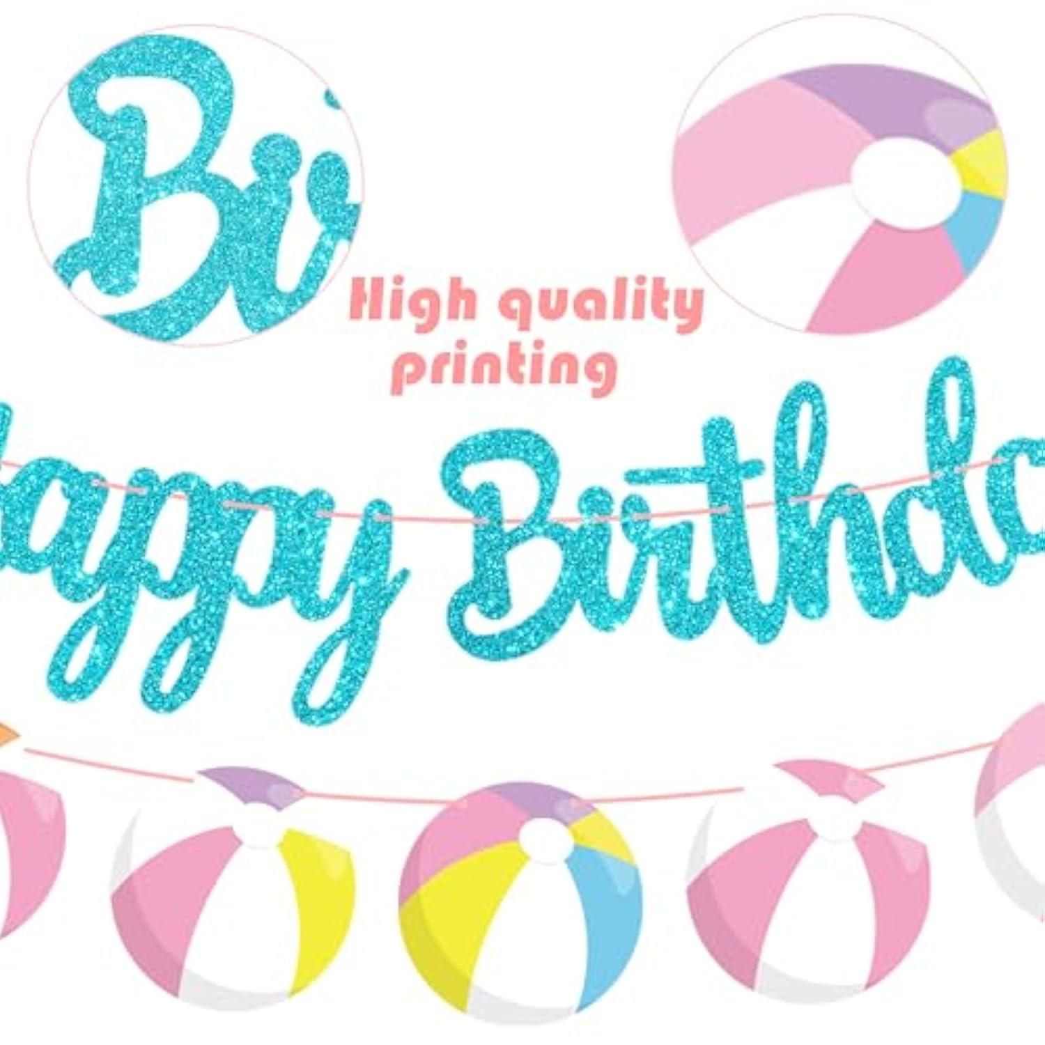 Beach Ball Happy Birthday Banners Glitter Blue Hawaiian Beach Pool Party Decorations Pink Pool Birthday Banner Summer Theme Party Decor For Girls Hawaii Holiday Baby Shower Supplies