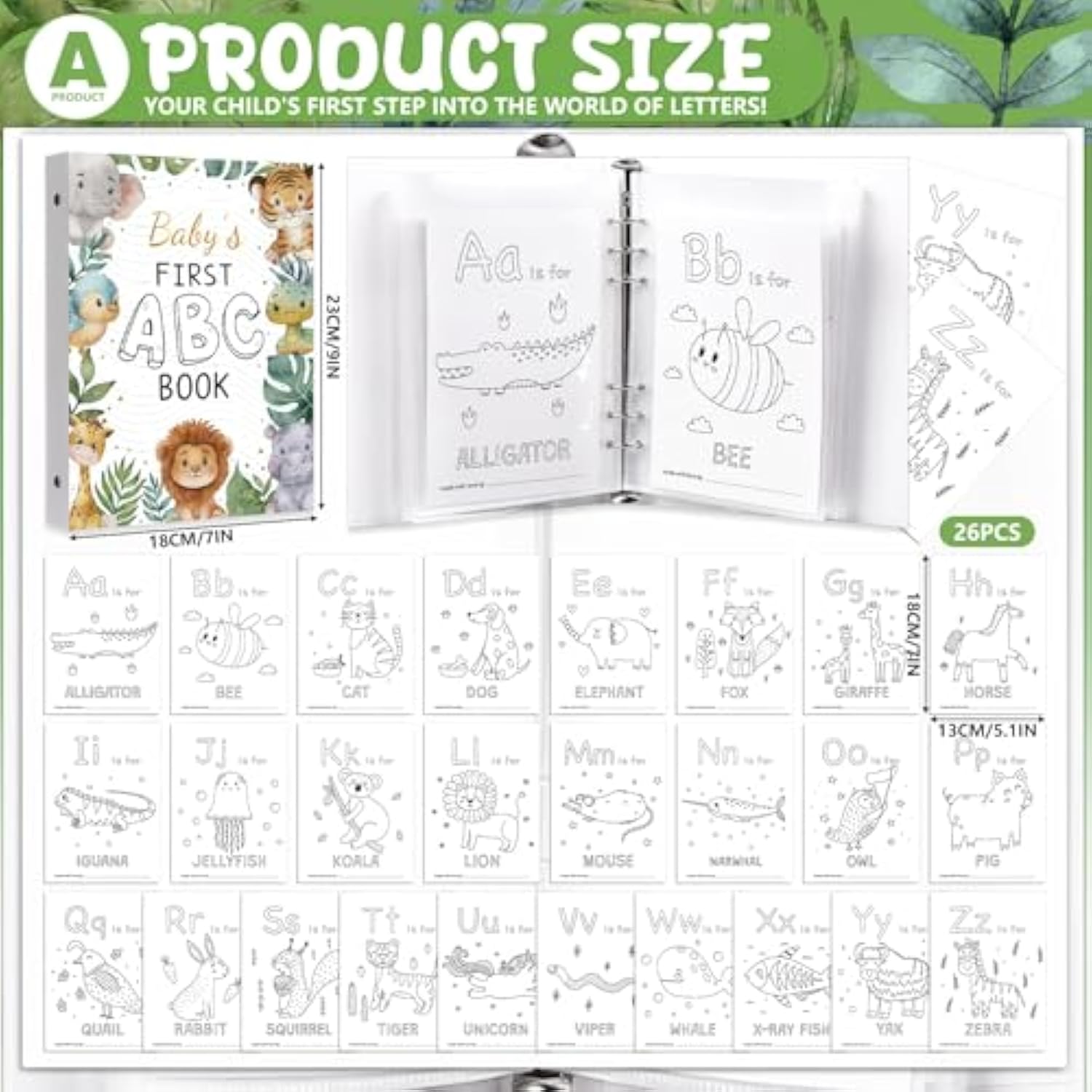 Baby Shower Games Baby'S First Abc Coloring Book 26 Curious Baby Activity Cards Animal Alphabet A To Z Coloring Card With 24 Watercolor Pen(Safari)